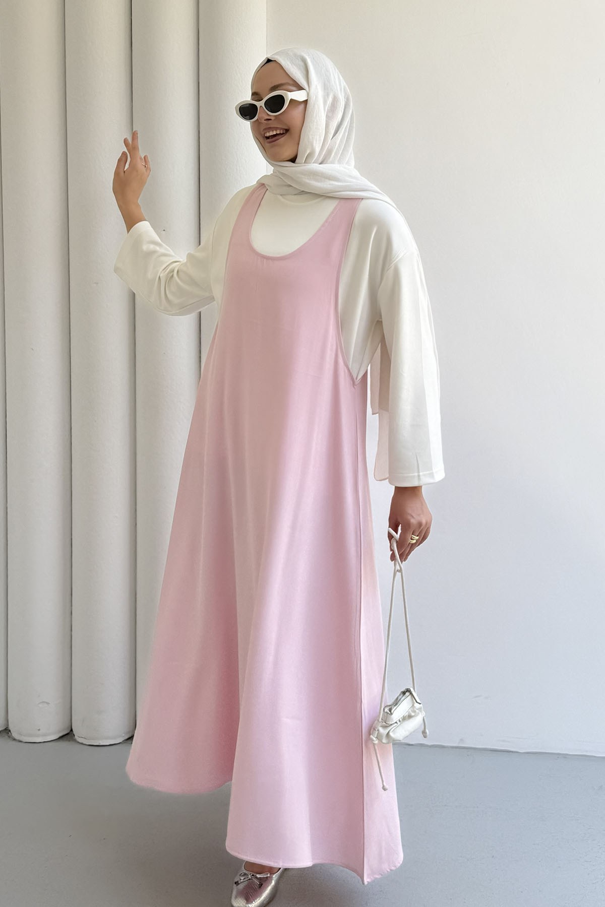 İçlik Kombinli Jile Tesettür Elbise-PEMBE