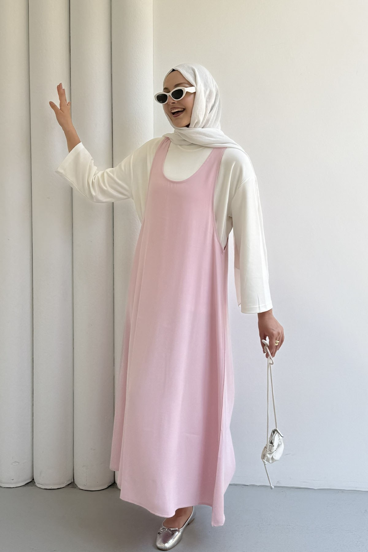İçlik Kombinli Jile Tesettür Elbise-PEMBE
