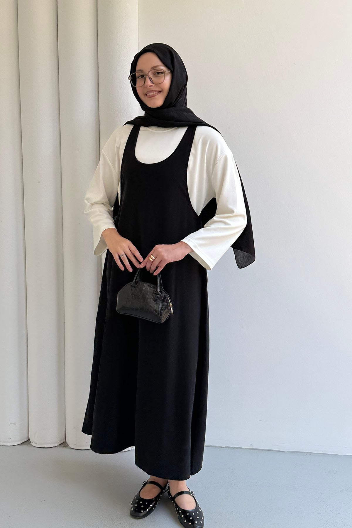 İçlik Kombinli Jile Tesettür Elbise-SİYAH