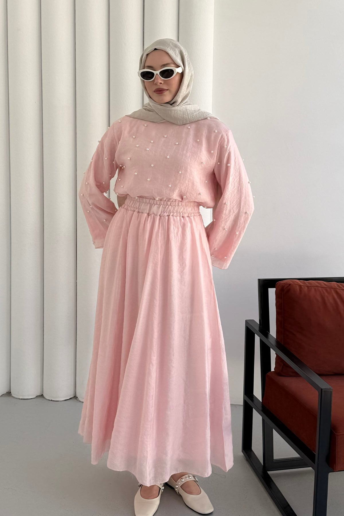 İnci Aksesuar İşlemeli Premium Tesettür Takım-PEMBE