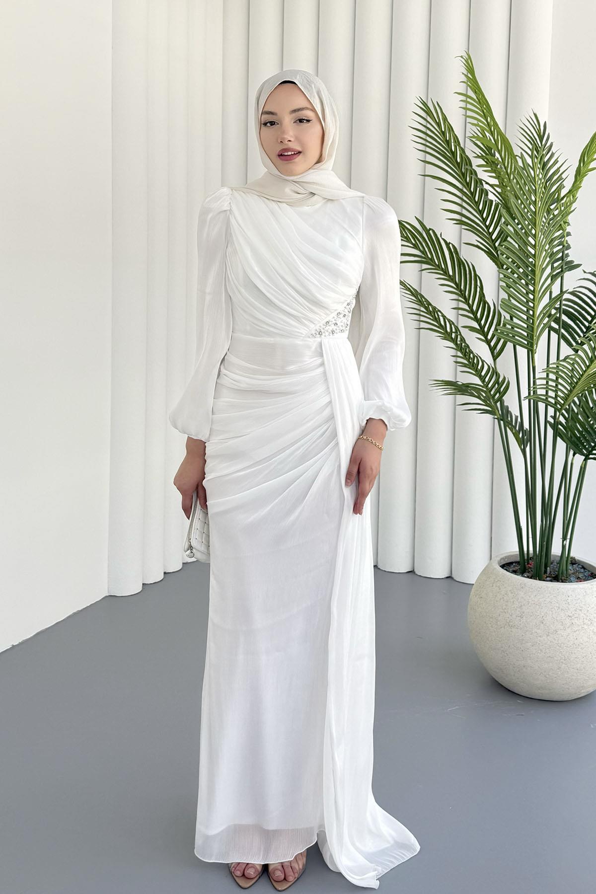 İnci İşlemeli Balon Kol Şifon Tesettür Abiye-BEYAZ