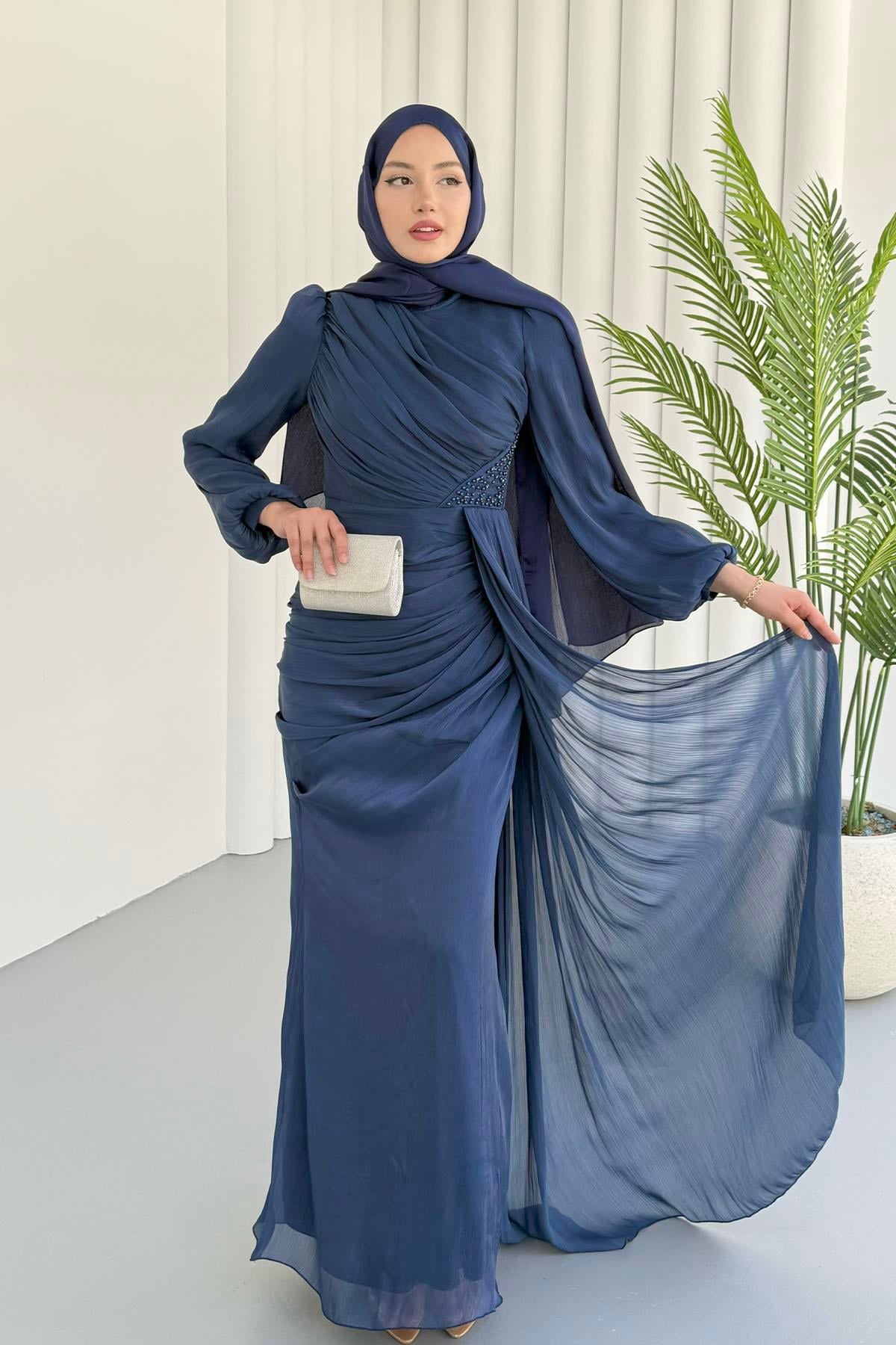 İnci İşlemeli Balon Kol Şifon Tesettür Abiye-LACİVERT