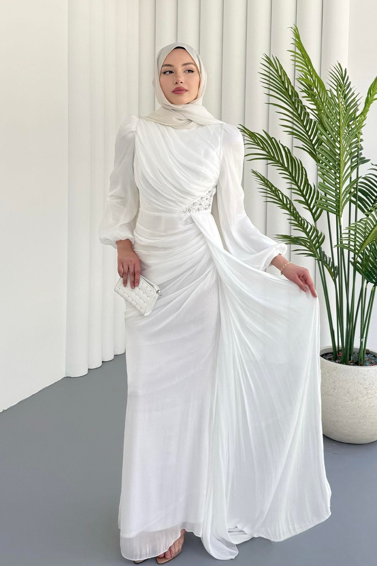 İnci İşlemeli Balon Kol Şifon Tesettür Abiye-BEYAZ
