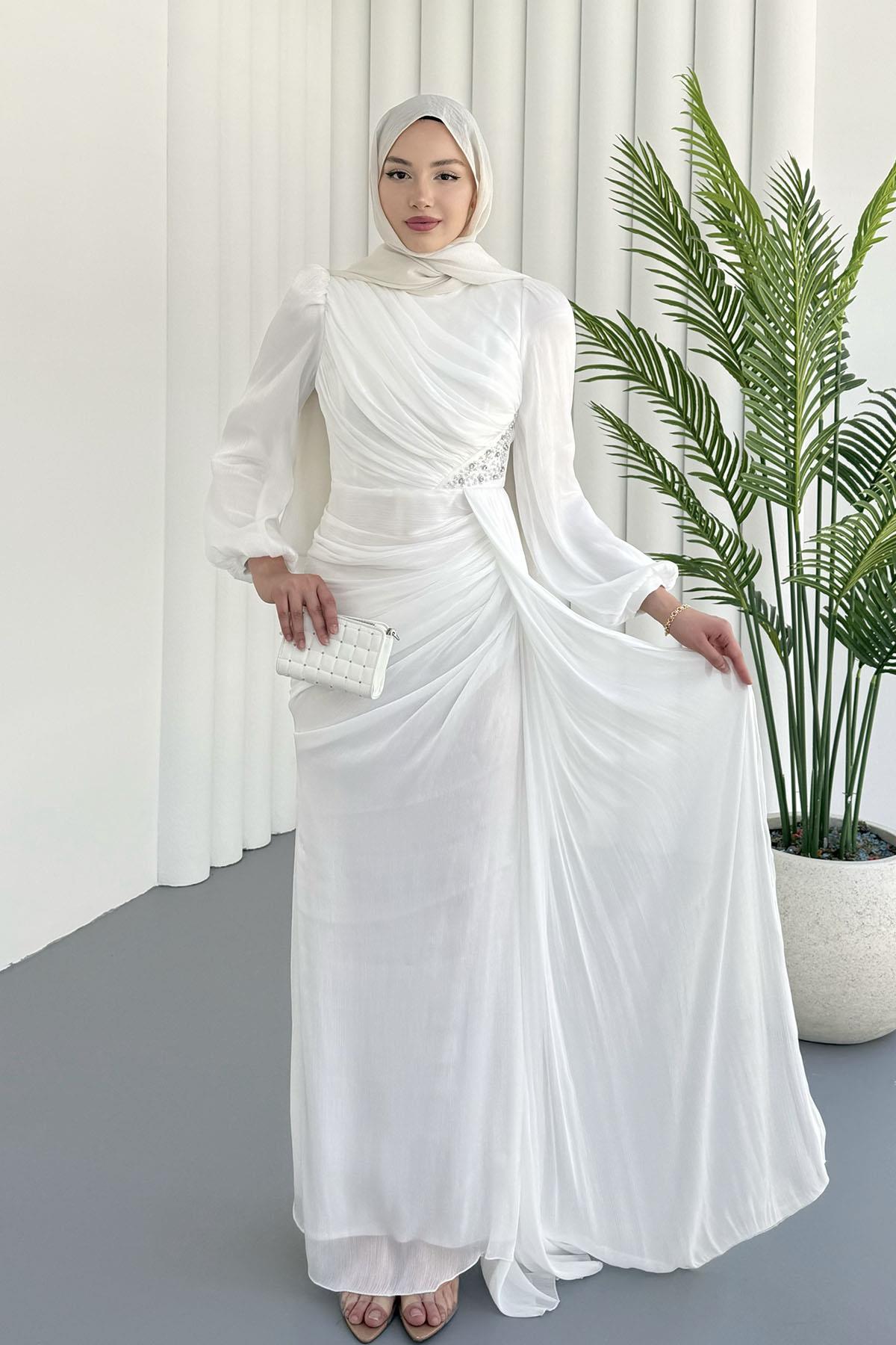 İnci İşlemeli Balon Kol Şifon Tesettür Abiye-BEYAZ