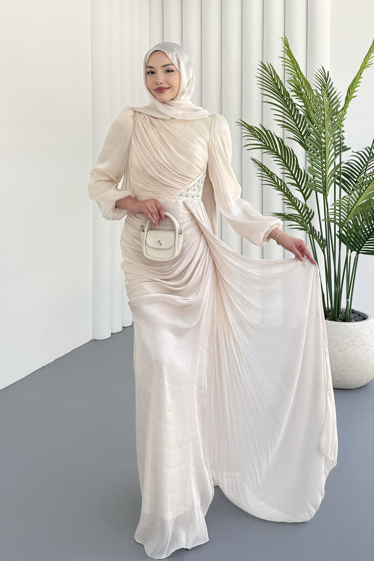 İnci İşlemeli Balon Kol Şifon Tesettür Abiye-BEJ