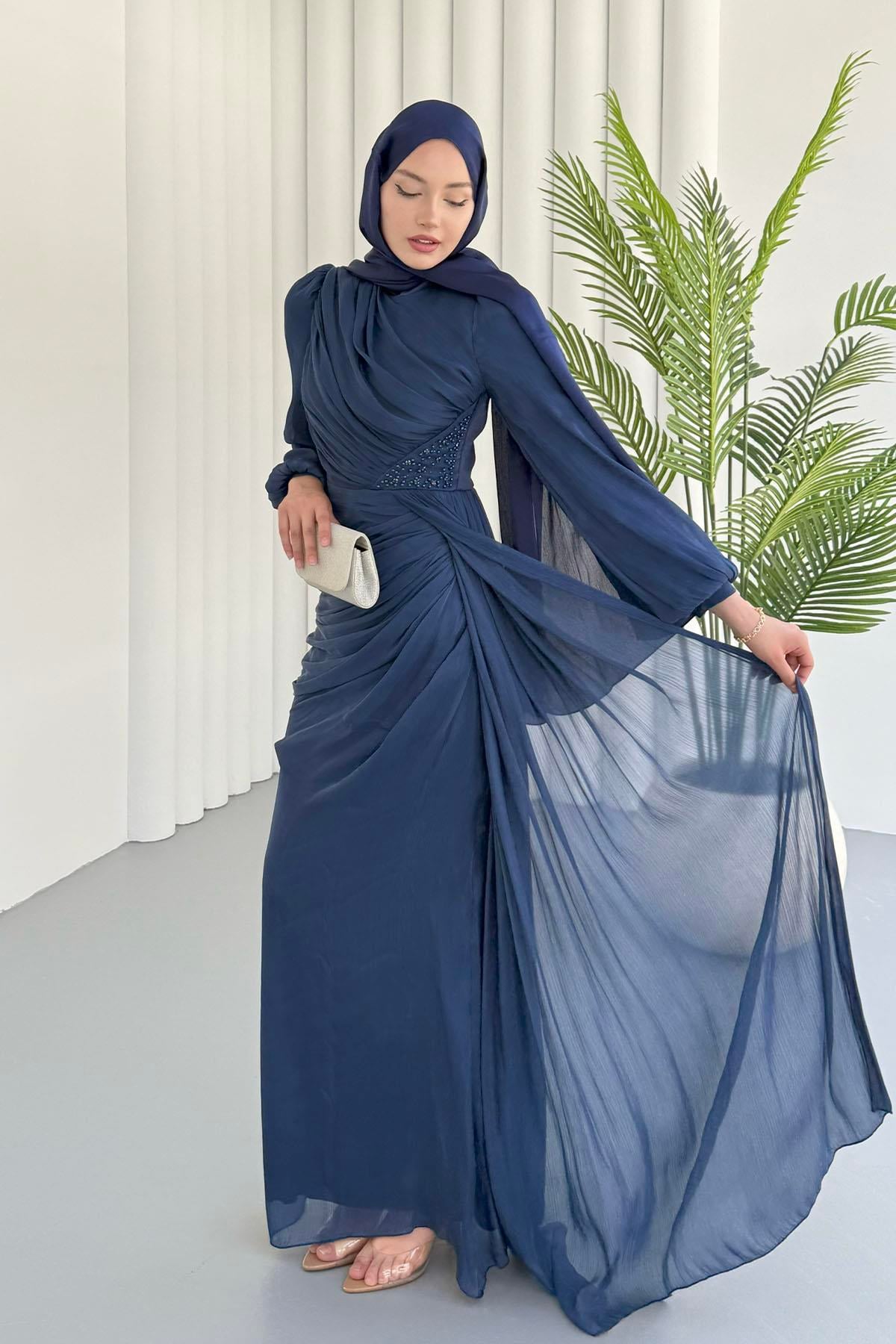 İnci İşlemeli Balon Kol Şifon Tesettür Abiye-LACİVERT