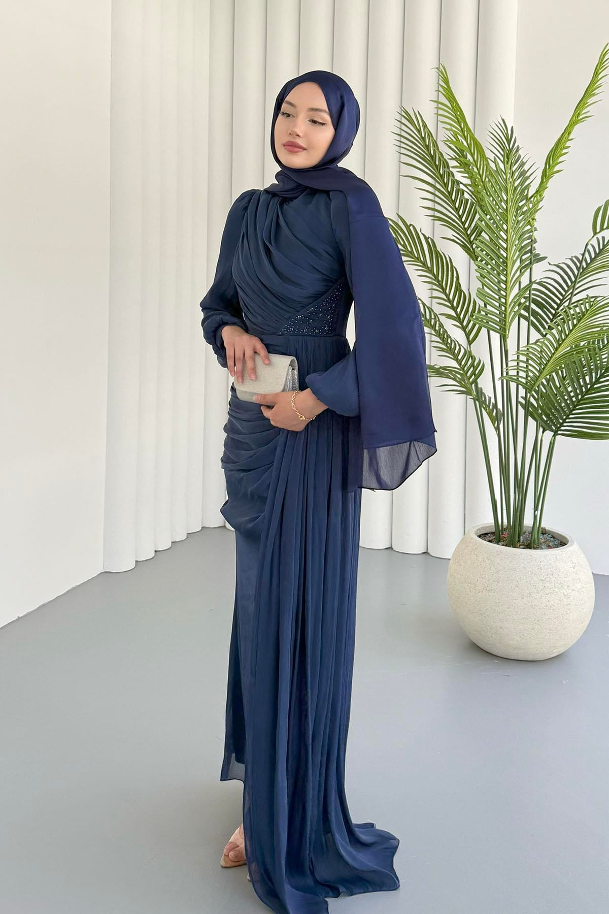 İnci İşlemeli Balon Kol Şifon Tesettür Abiye-LACİVERT