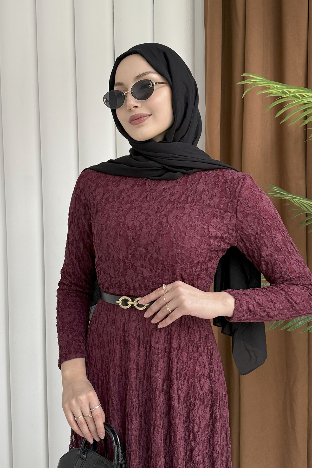 Javier Dantel Detaylı Kemerli Tesettür Elbise-BORDO