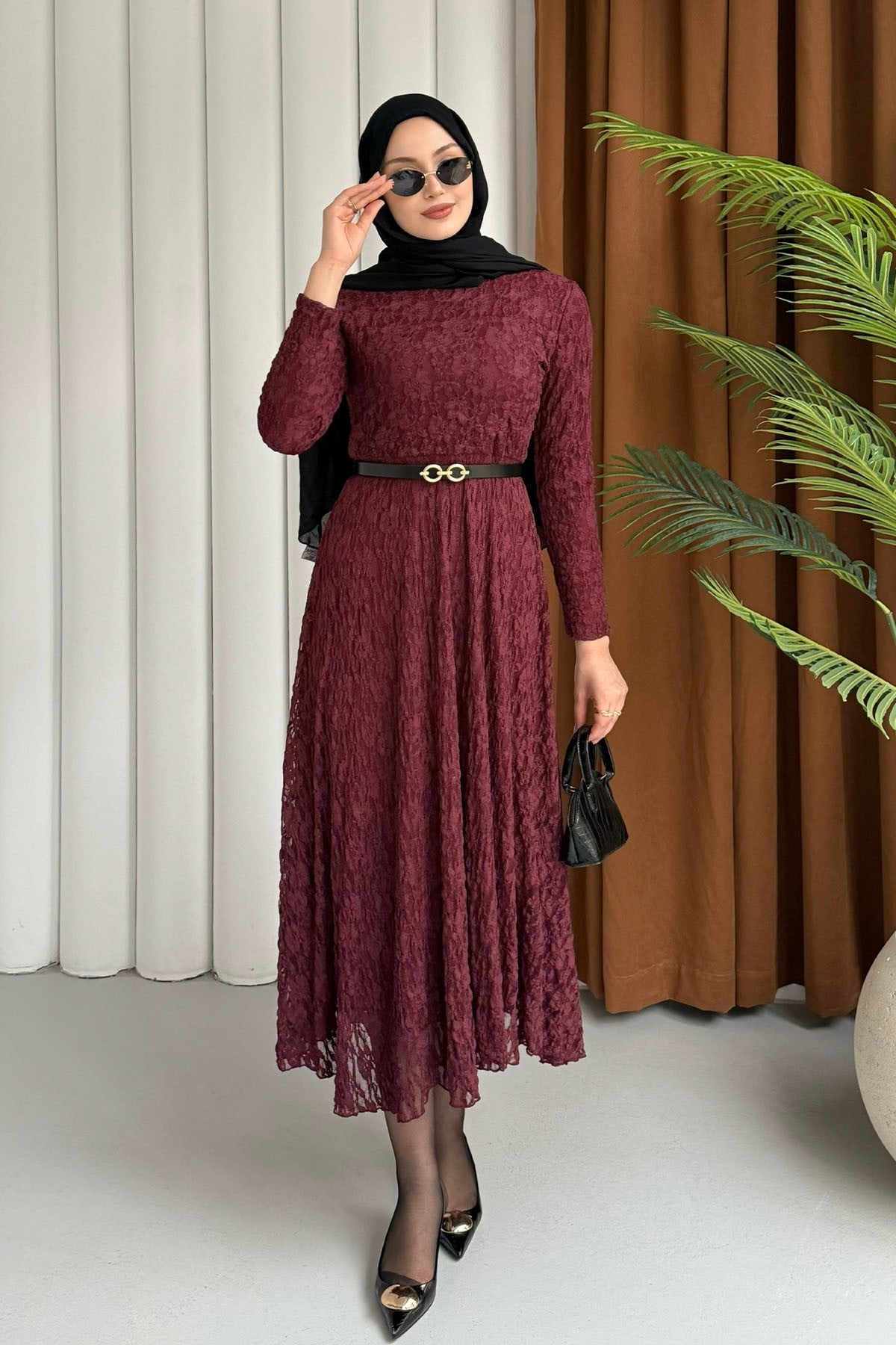 Javier Dantel Detaylı Kemerli Tesettür Elbise-BORDO