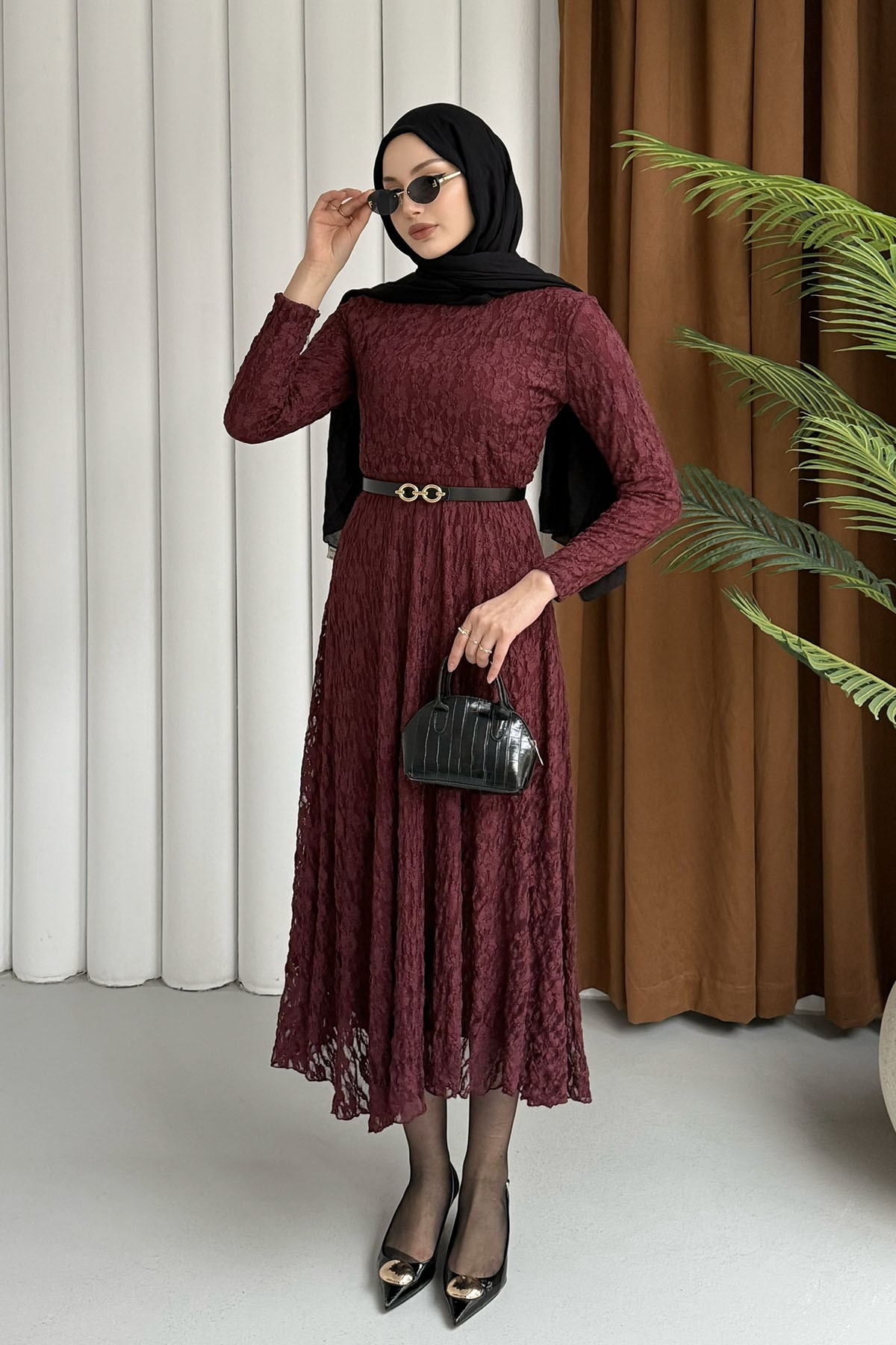 Javier Dantel Detaylı Kemerli Tesettür Elbise-BORDO