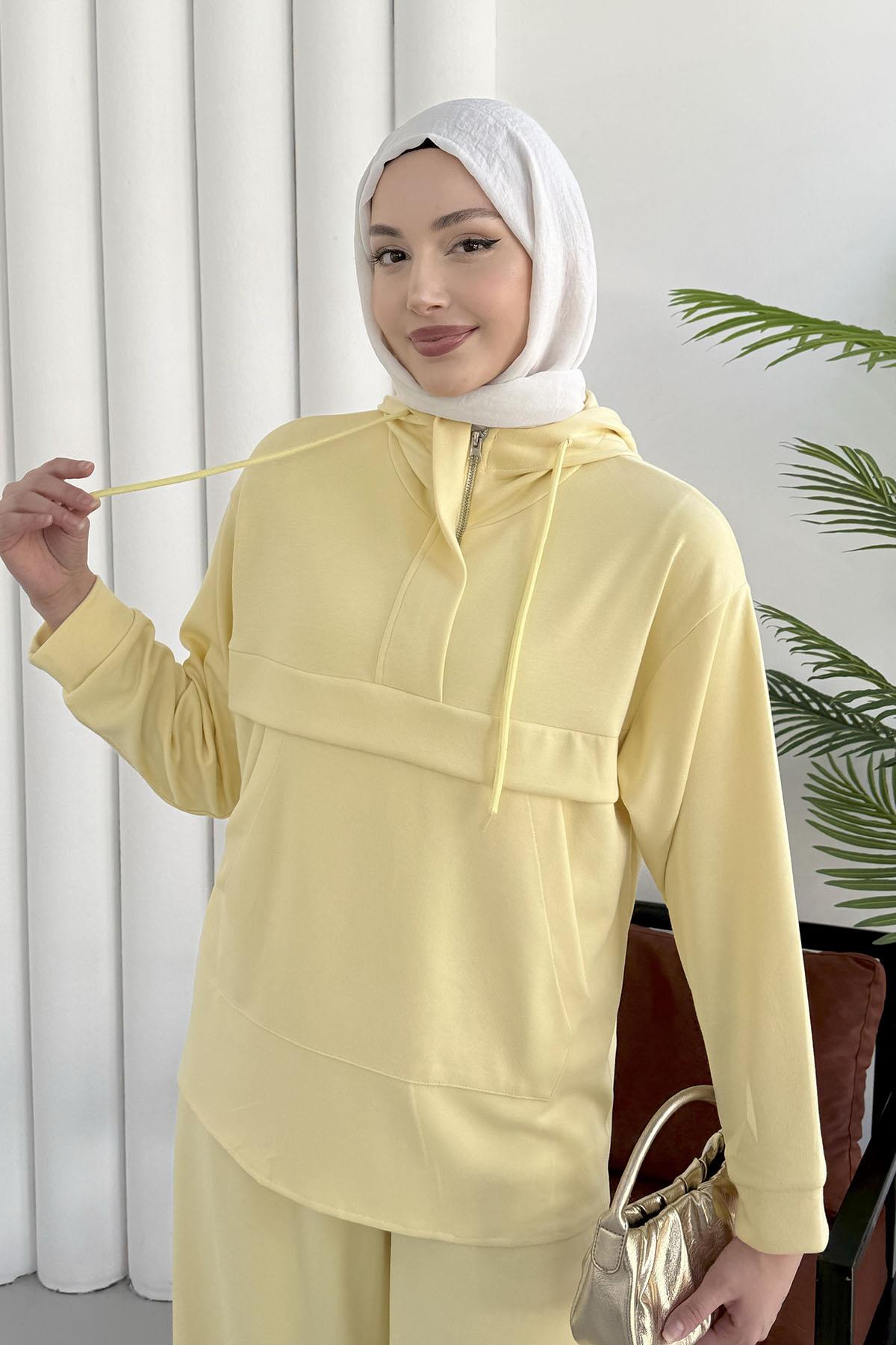 Kanguru Cepli Fermuarlı Pantolonlu Tesettür Takım-SARI