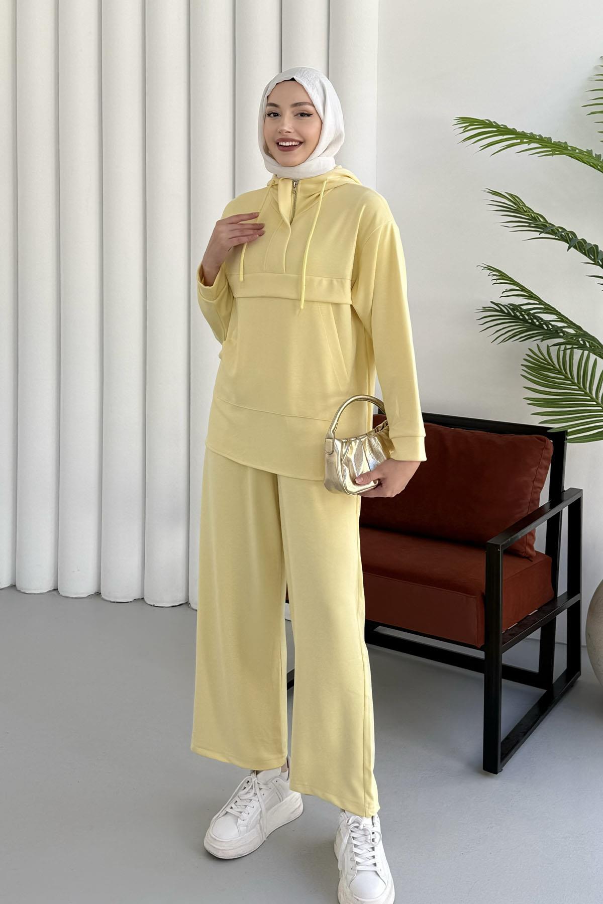 Kanguru Cepli Fermuarlı Pantolonlu Tesettür Takım-SARI