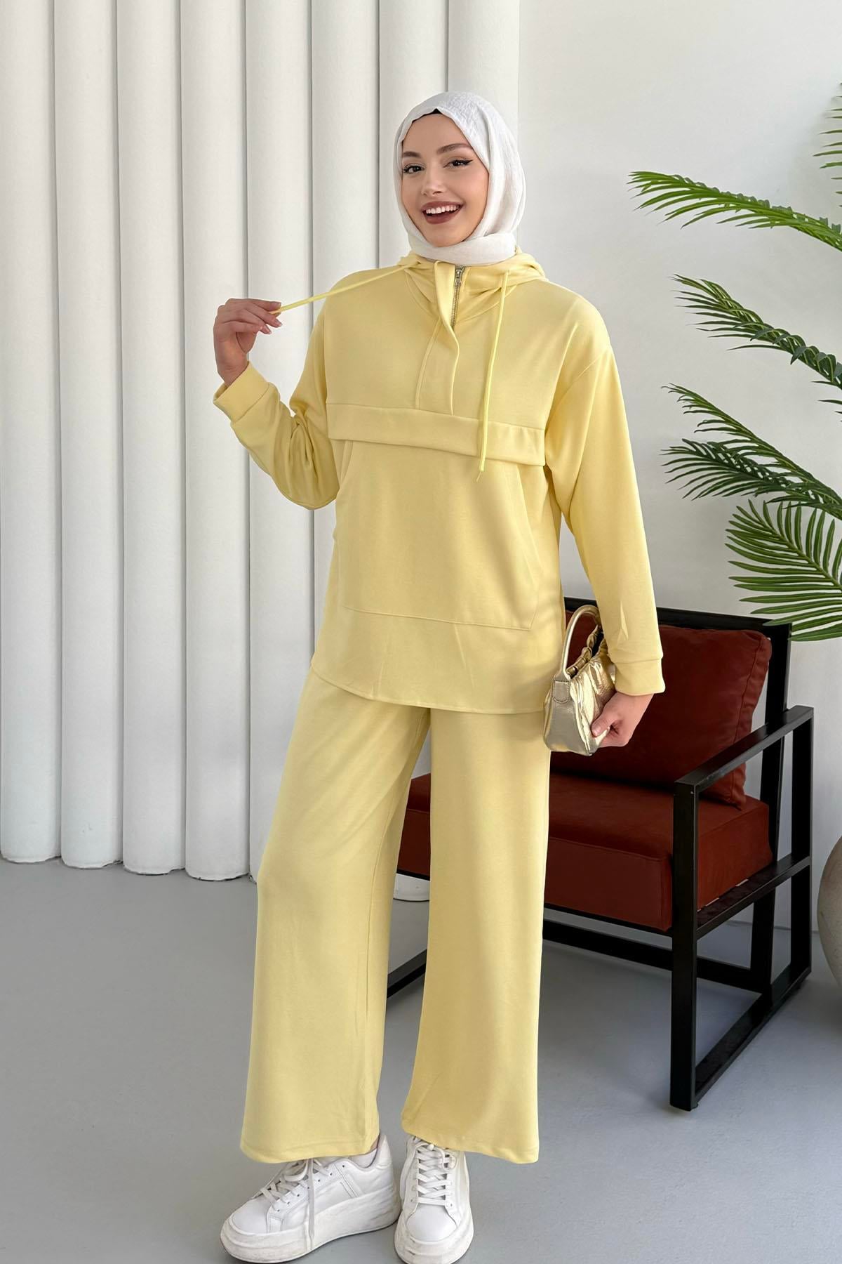 Kanguru Cepli Fermuarlı Pantolonlu Tesettür Takım-SARI