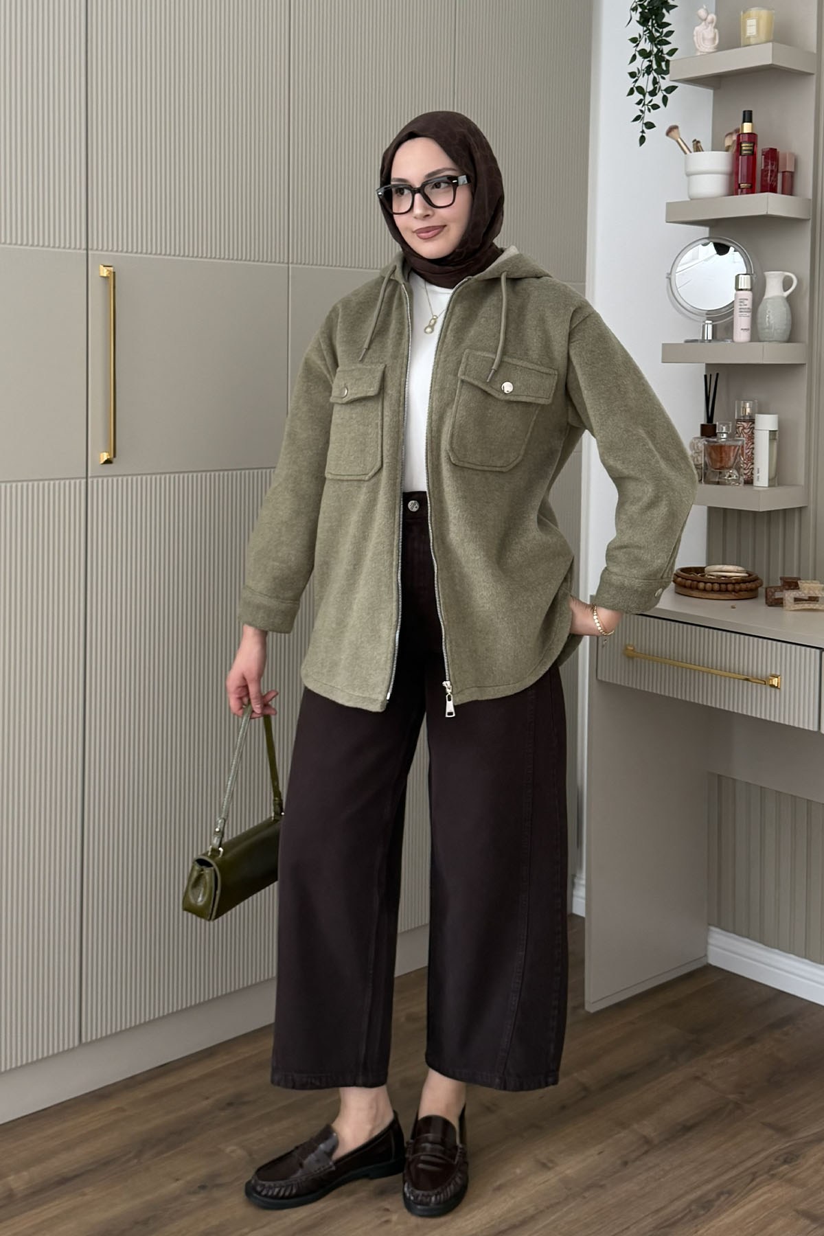 Kapüşonlu Kaşe Sweatshirt-HAKİ YEŞİL
