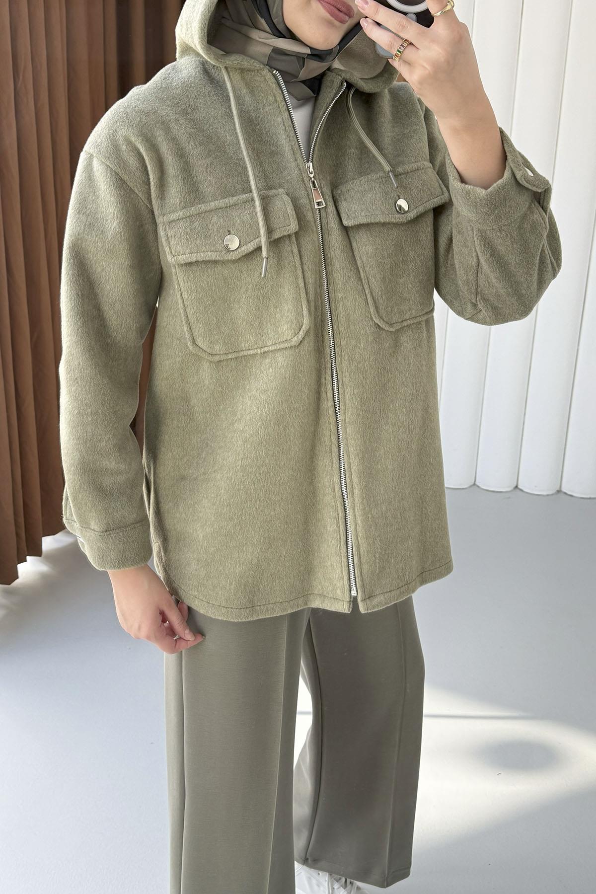 Kapüşonlu Kaşe Sweatshirt-HAKİ YEŞİL