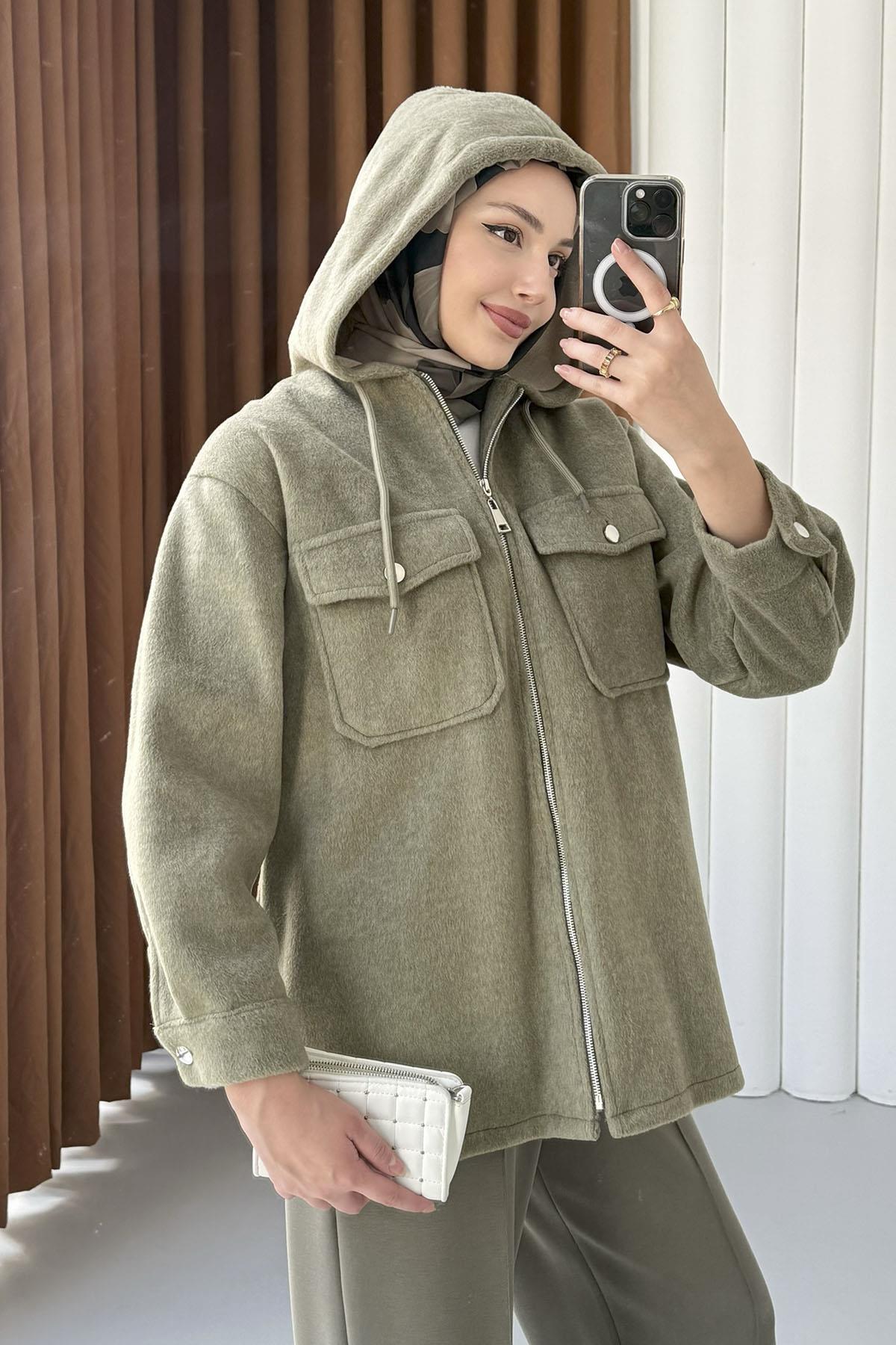 Kapüşonlu Kaşe Sweatshirt-HAKİ YEŞİL