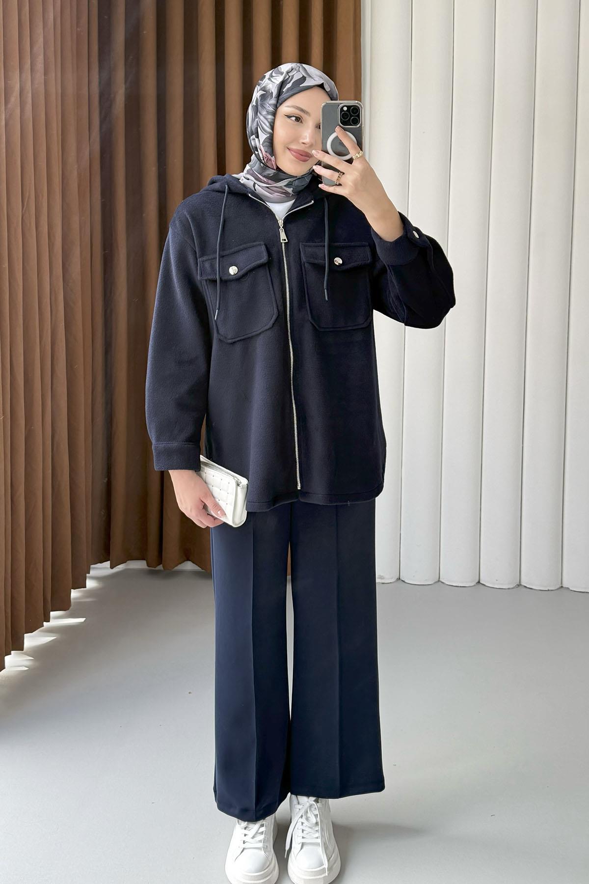 Kapüşonlu Kaşe Sweatshirt-LACİVERT