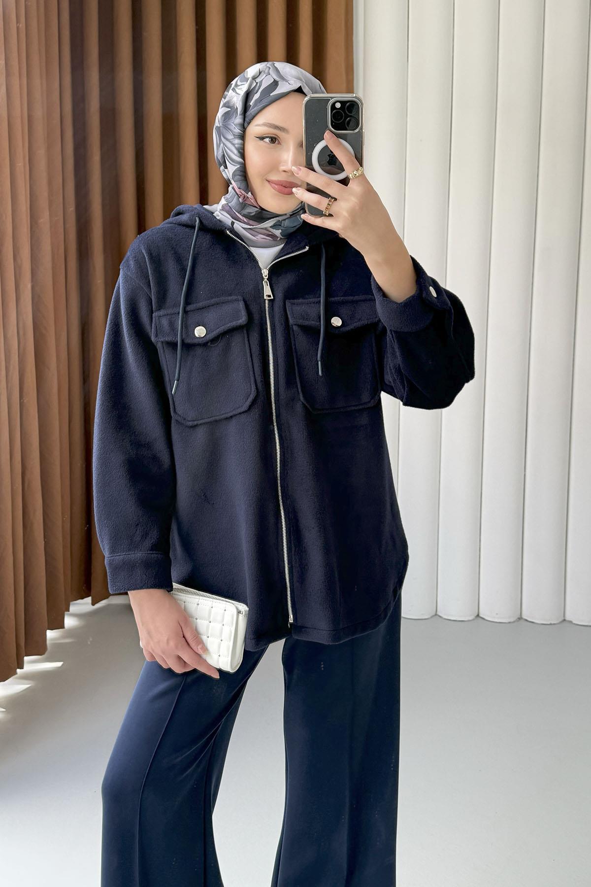 Kapüşonlu Kaşe Sweatshirt-LACİVERT