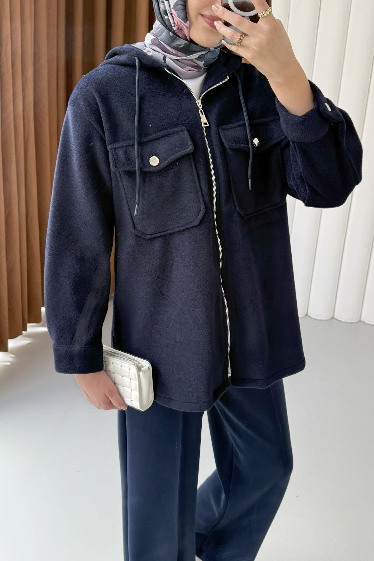 Kapüşonlu Kaşe Sweatshirt-LACİVERT