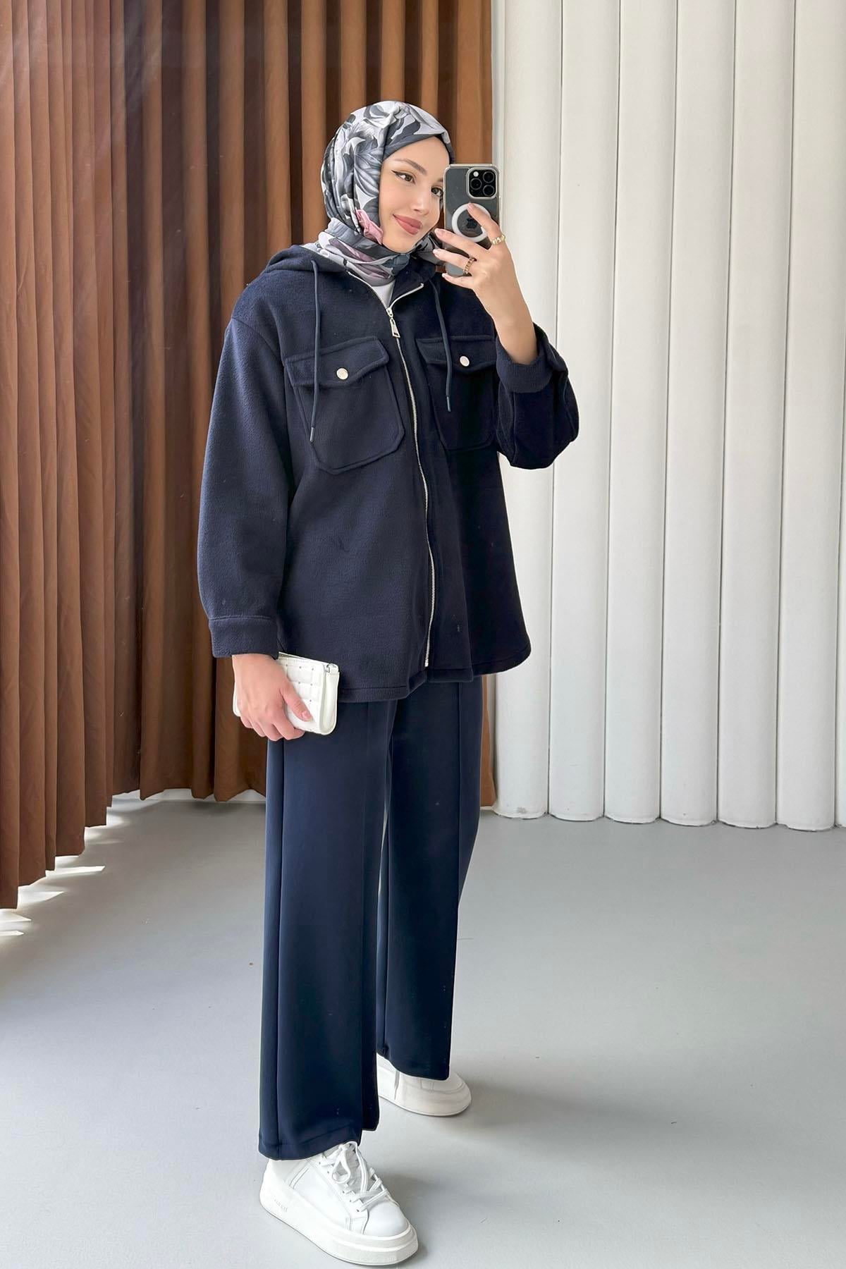 Kapüşonlu Kaşe Sweatshirt-LACİVERT