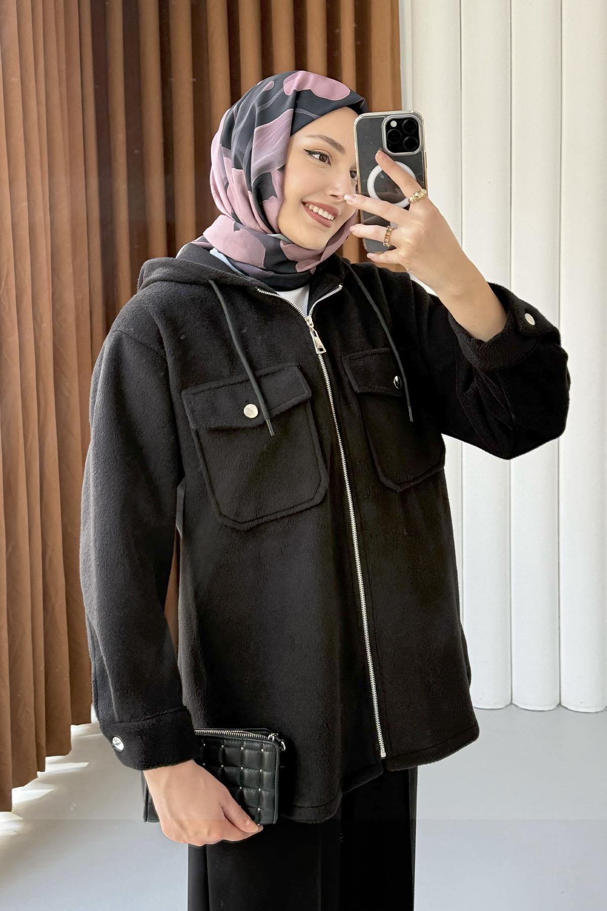 Kapüşonlu Kaşe Sweatshirt-SİYAH