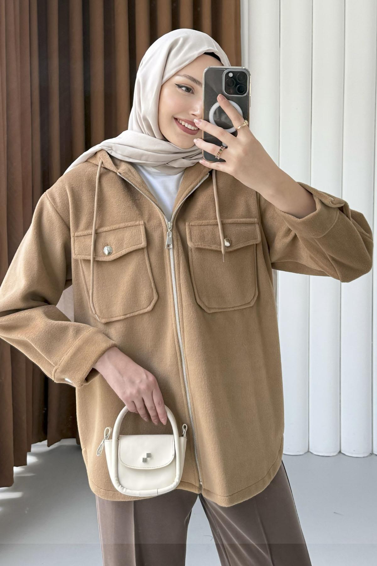 Kapüşonlu Kaşe Sweatshirt-TOPRAK