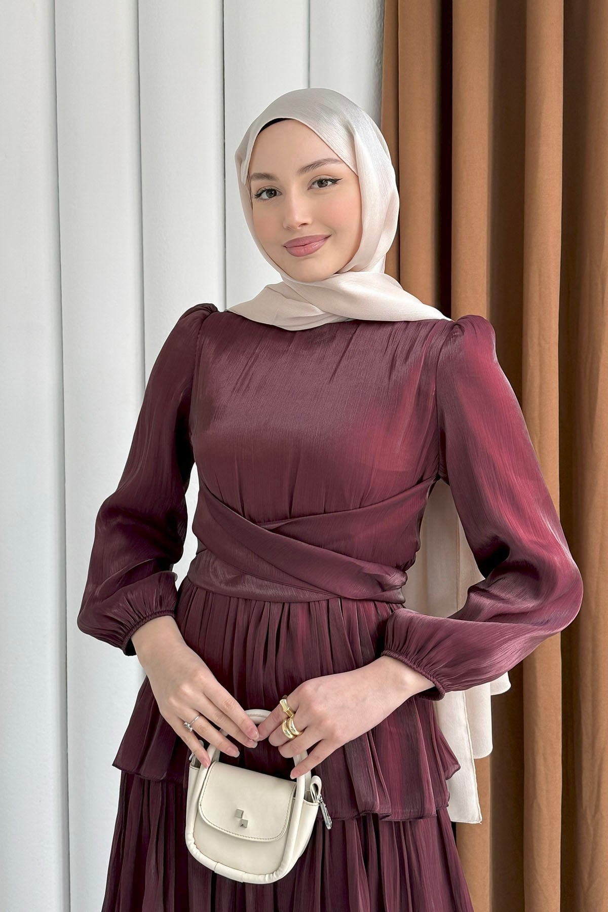 Kat Kat Kuşaklı Şifon Tesettür Elbise-MÜRDÜM