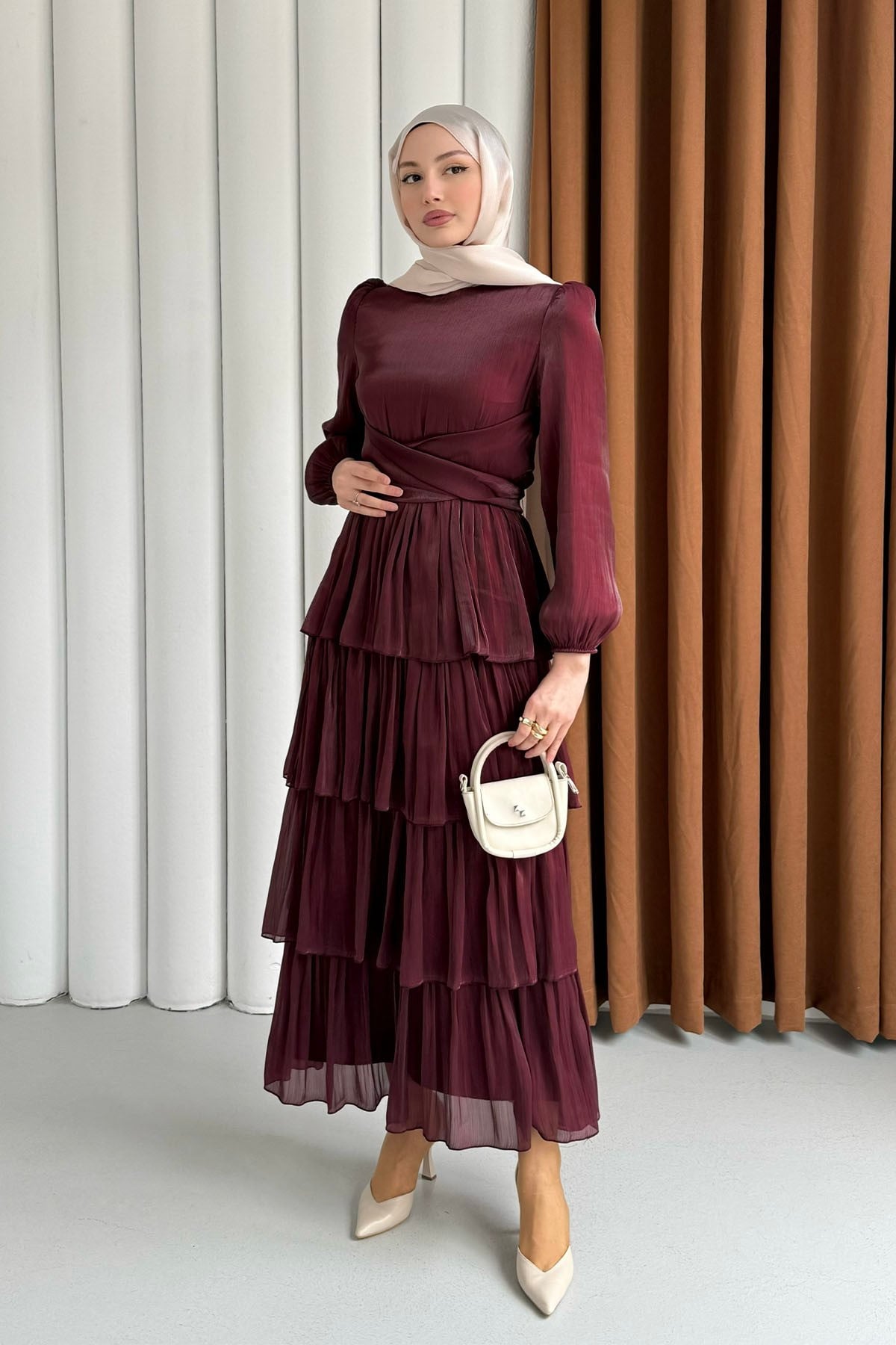 Kat Kat Kuşaklı Şifon Tesettür Elbise-MÜRDÜM