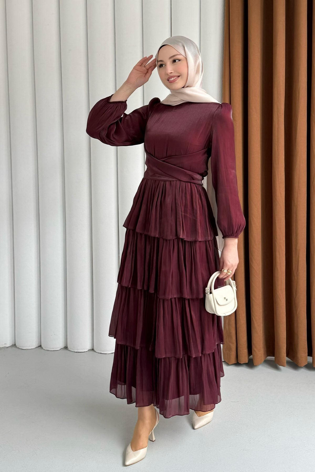 Kat Kat Kuşaklı Şifon Tesettür Elbise-MÜRDÜM