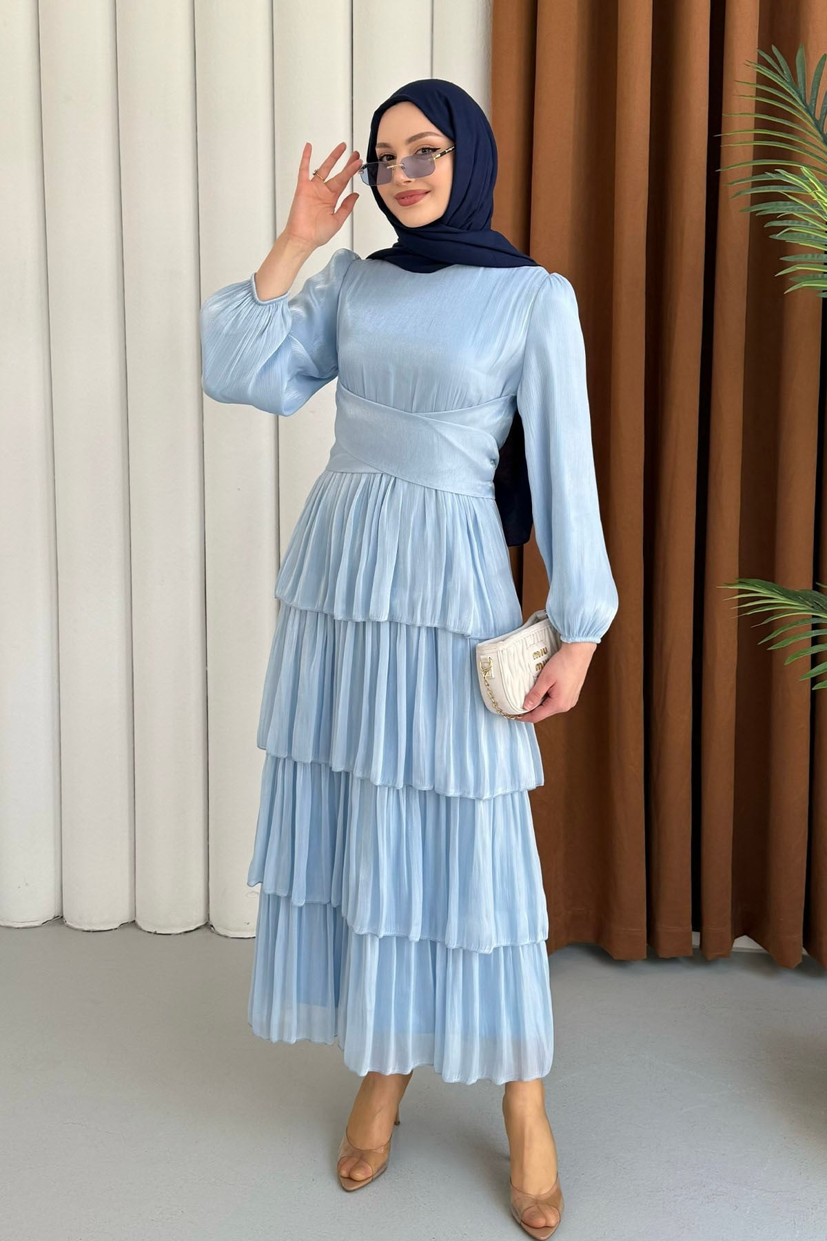 Kat Kat Kuşaklı Şifon Tesettür Elbise-BEBE MAVİ