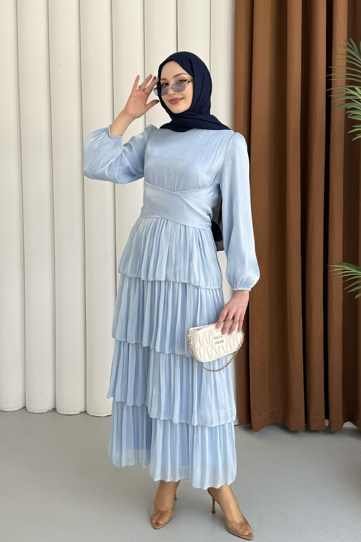 Kat Kat Kuşaklı Şifon Tesettür Elbise-BEBE MAVİ