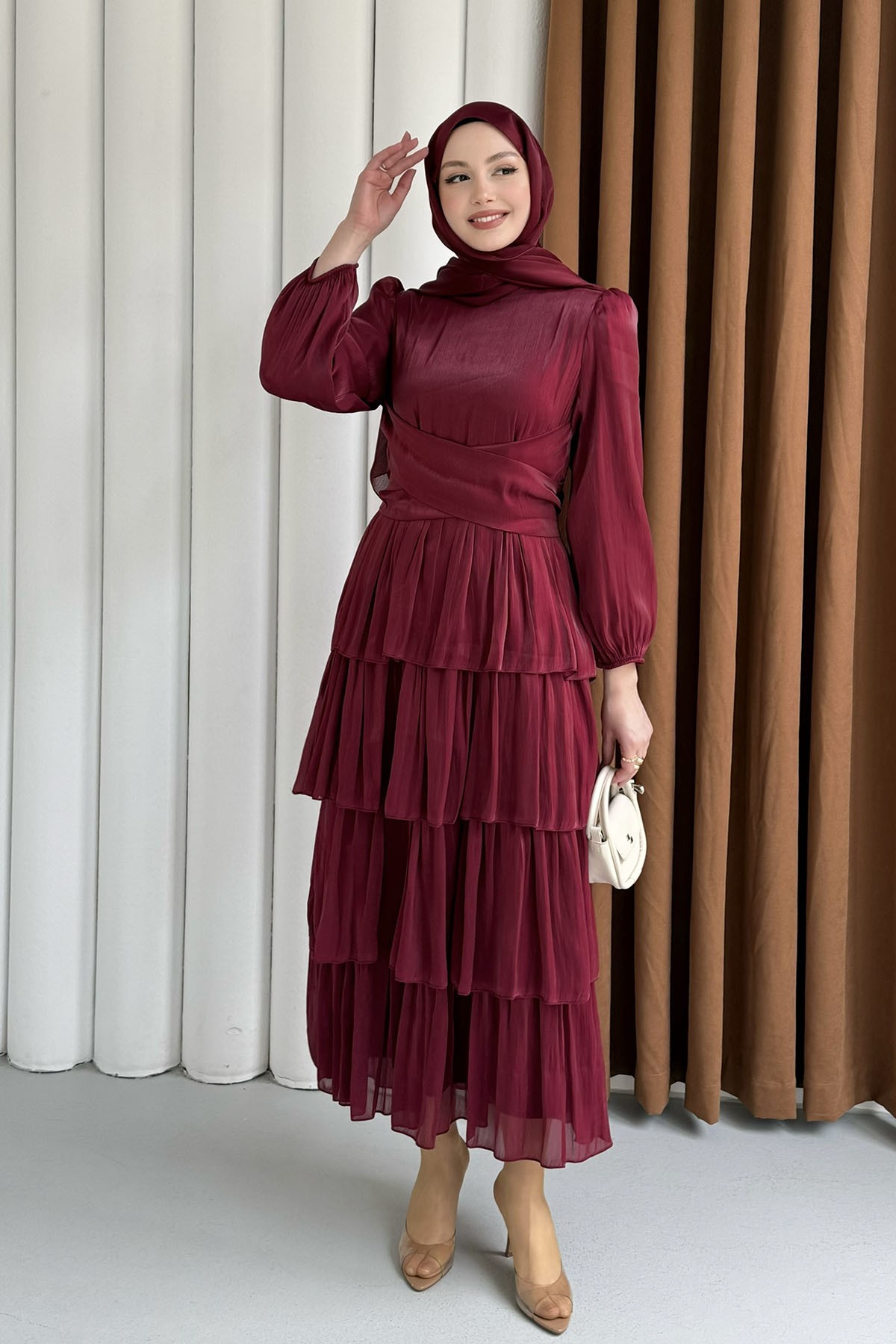 Kat Kat Kuşaklı Şifon Tesettür Elbise-BORDO