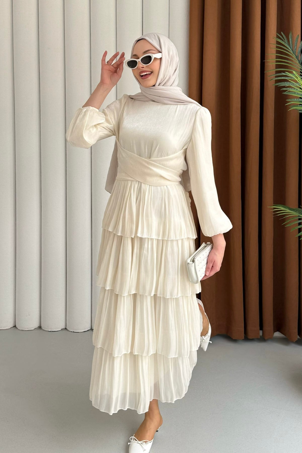 Kat Kat Kuşaklı Şifon Tesettür Elbise-EKRU