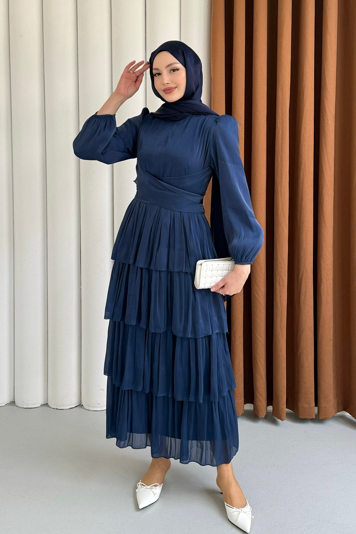 Kat Kat Kuşaklı Şifon Tesettür Elbise-LACİVERT