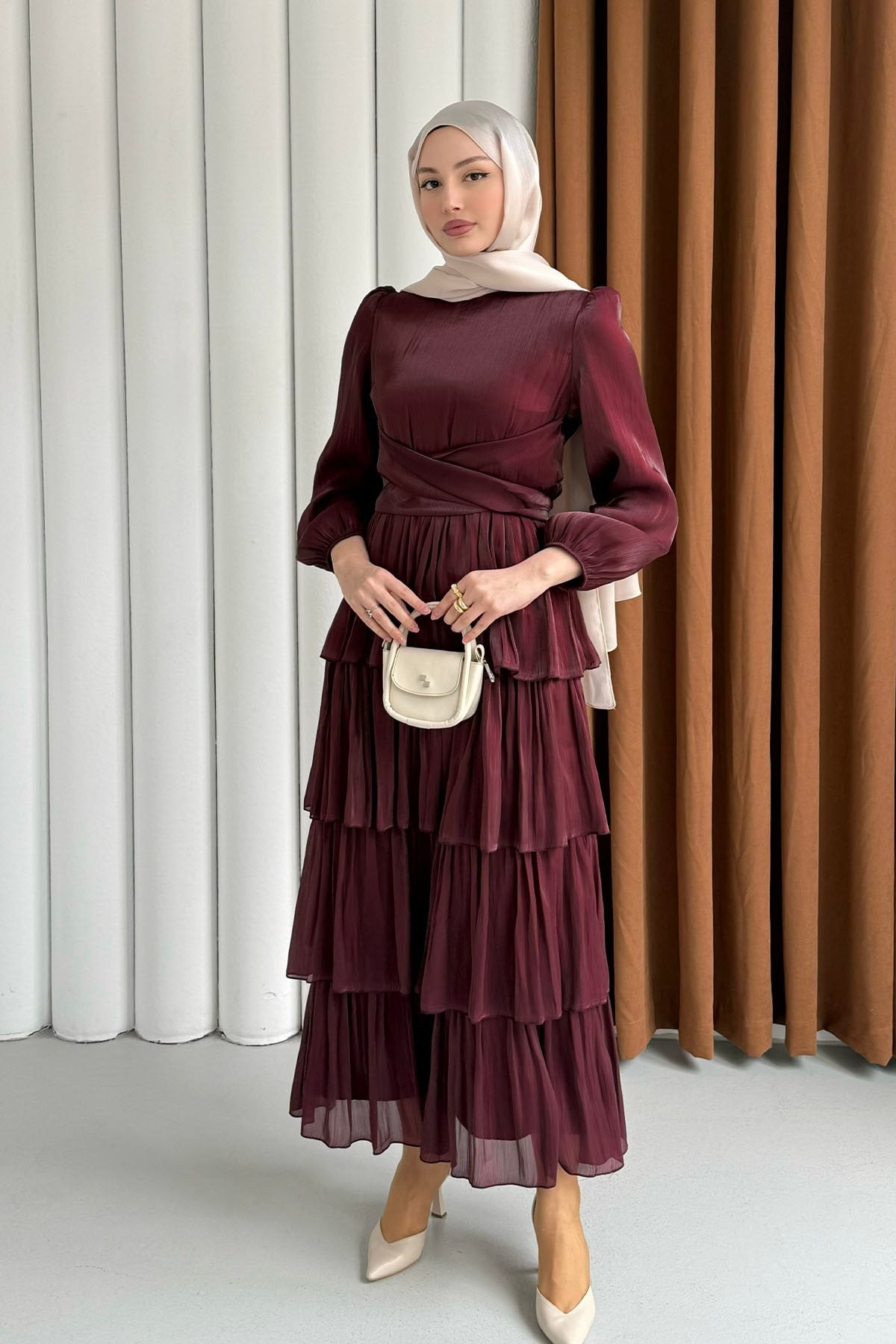 Kat Kat Kuşaklı Şifon Tesettür Elbise-MÜRDÜM