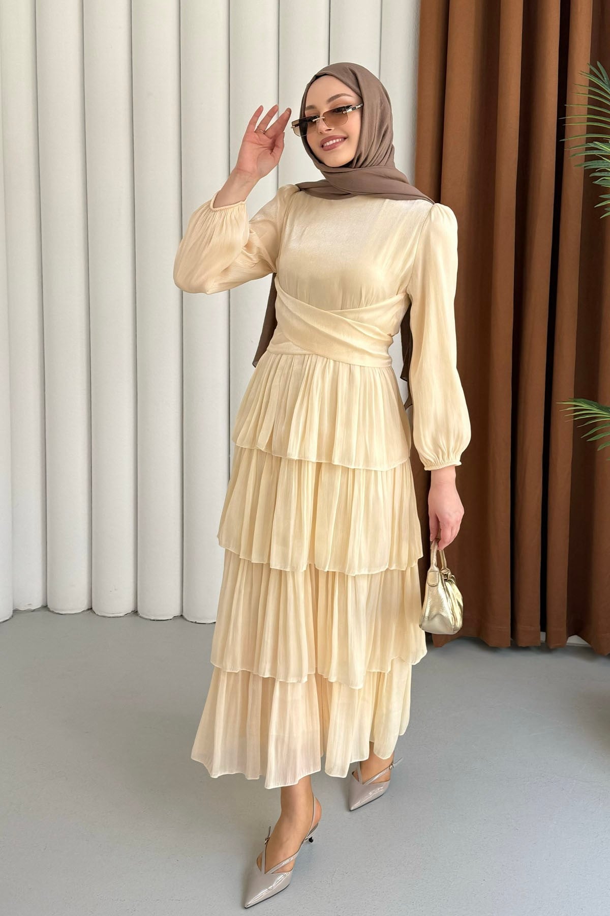 Kat Kat Kuşaklı Şifon Tesettür Elbise-SARI