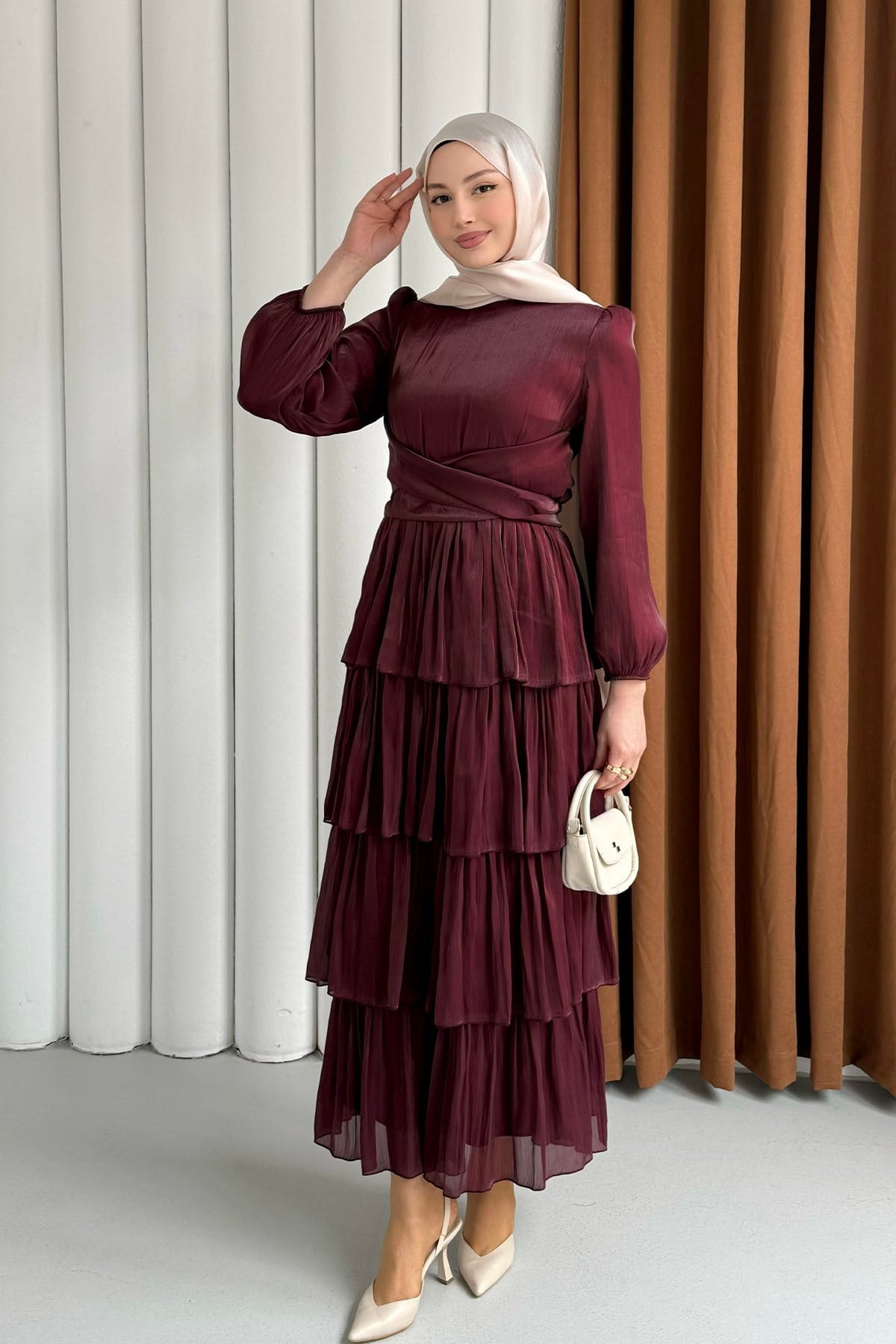 Kat Kat Kuşaklı Şifon Tesettür Elbise-MÜRDÜM