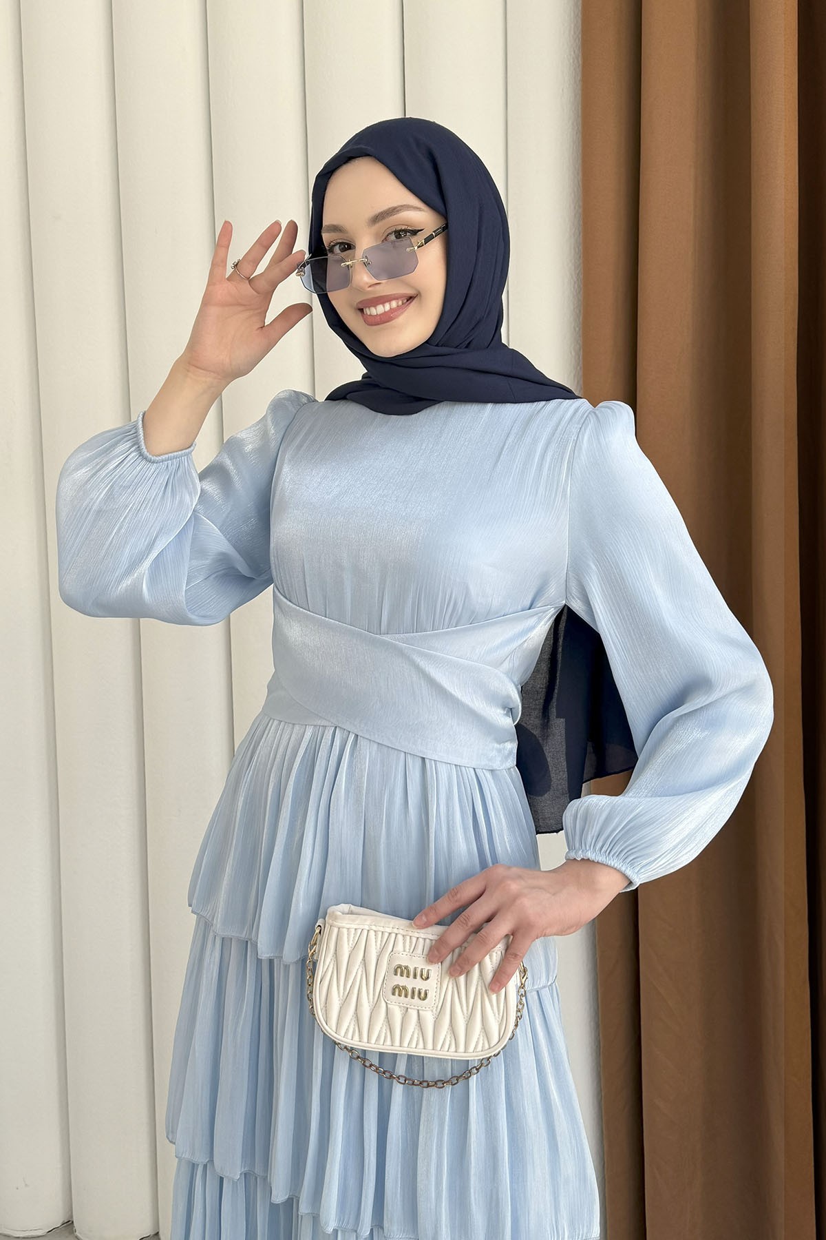 Kat Kat Kuşaklı Şifon Tesettür Elbise-BEBE MAVİ