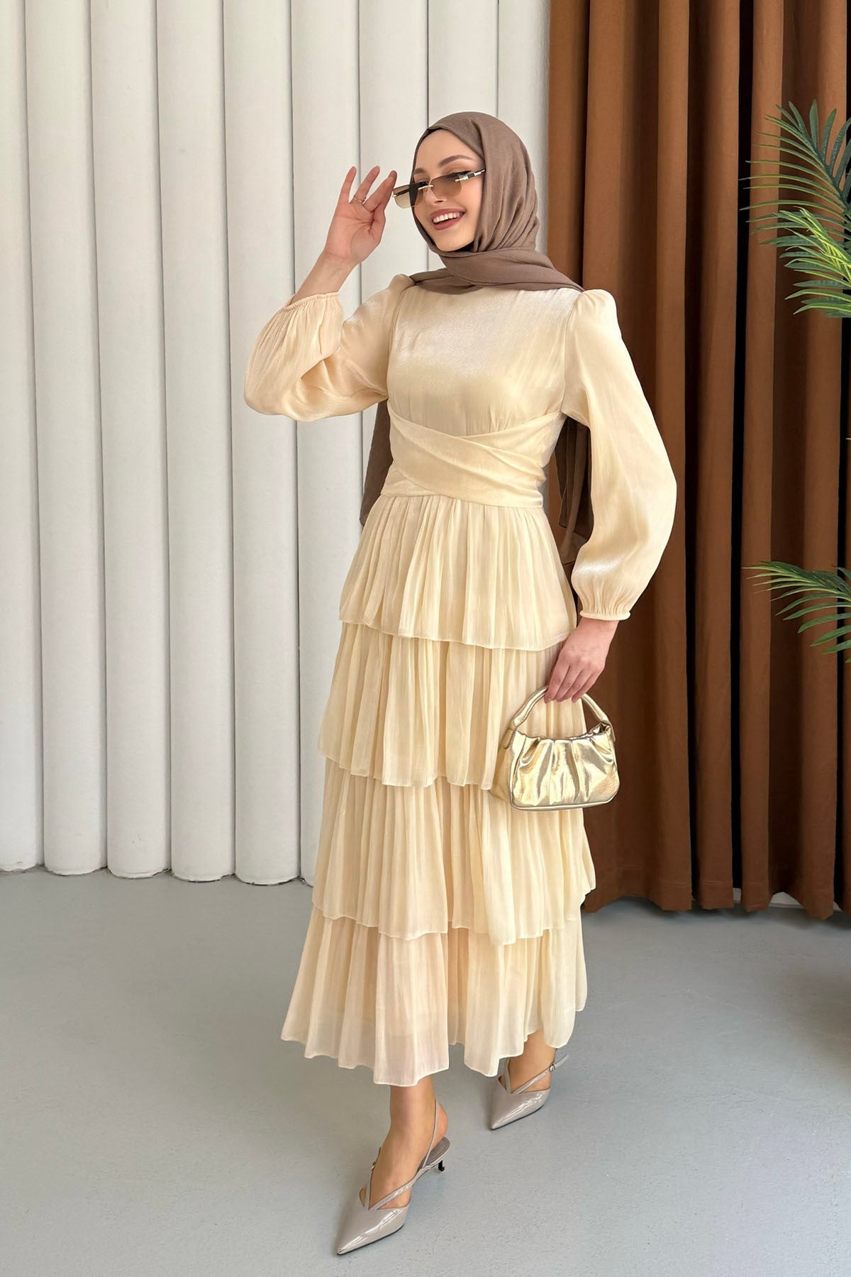 Kat Kat Kuşaklı Şifon Tesettür Elbise-SARI