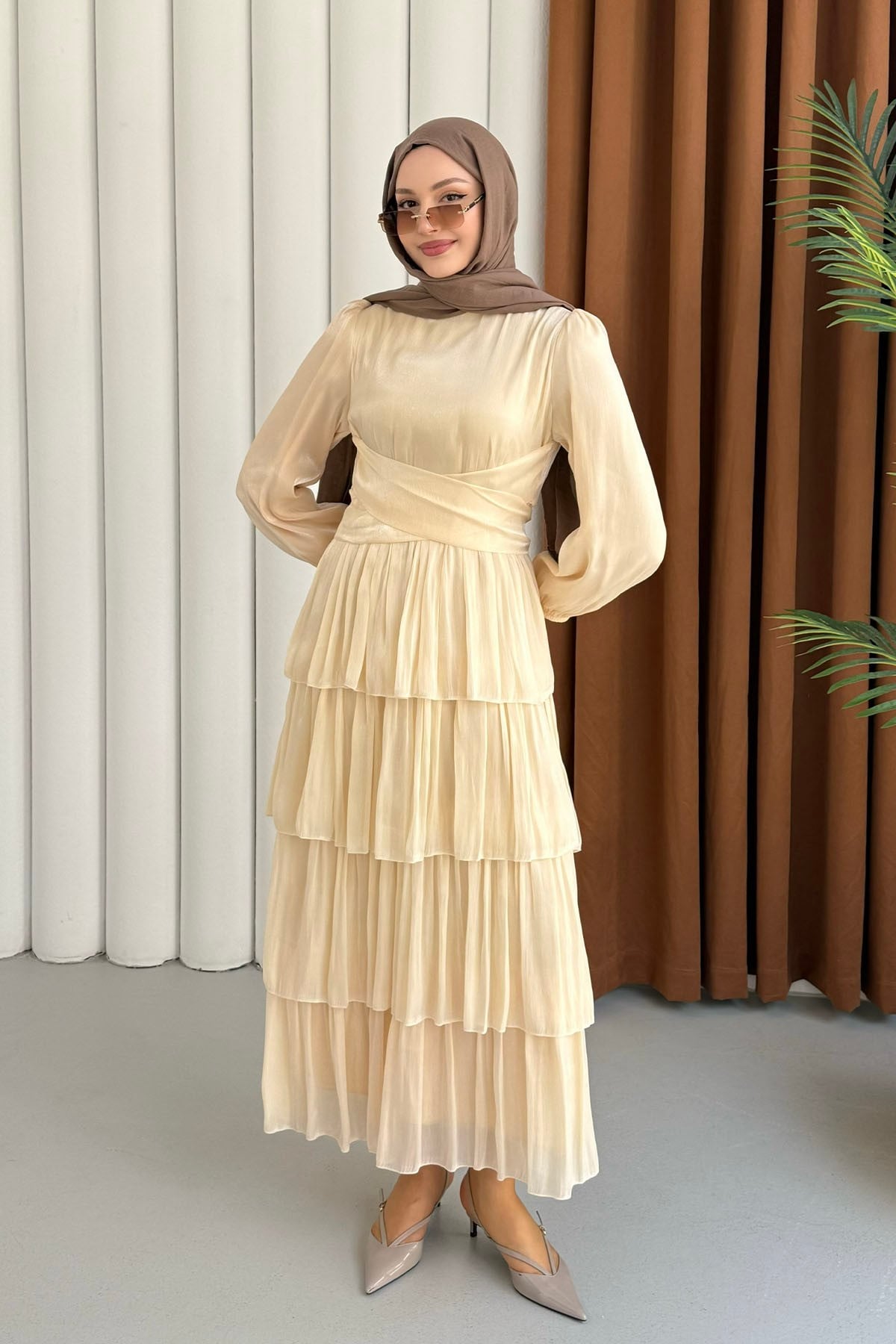 Kat Kat Kuşaklı Şifon Tesettür Elbise-SARI