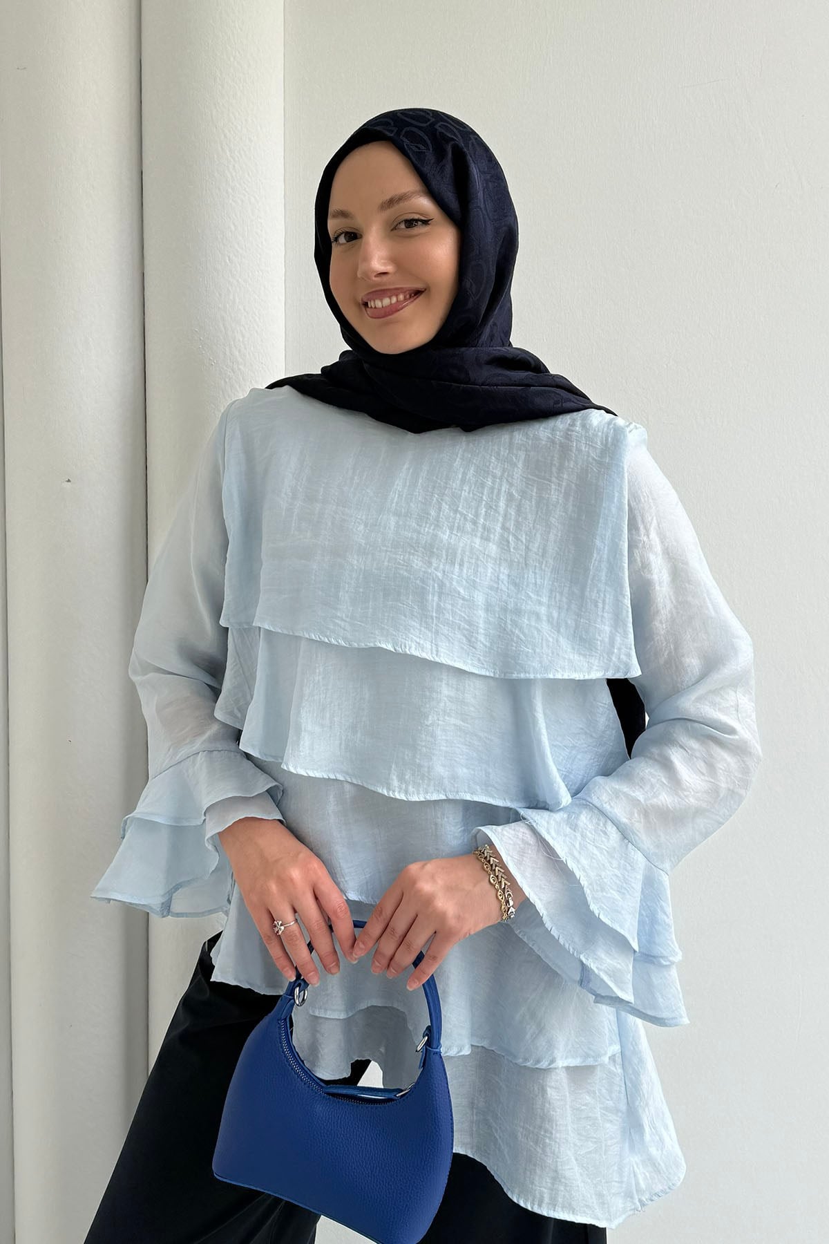 Katlı Volan Detaylı Bluz-BEBE MAVİ