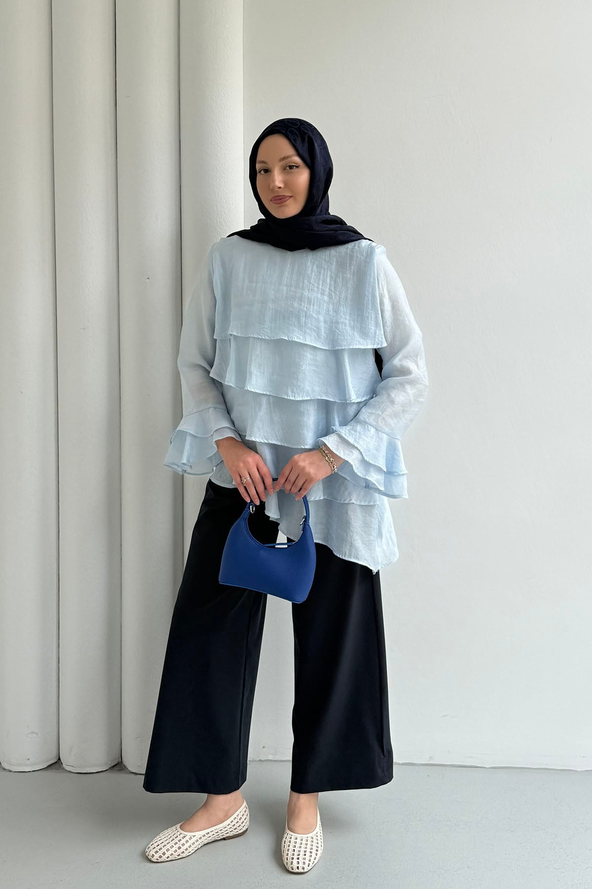 Katlı Volan Detaylı Bluz-BEBE MAVİ
