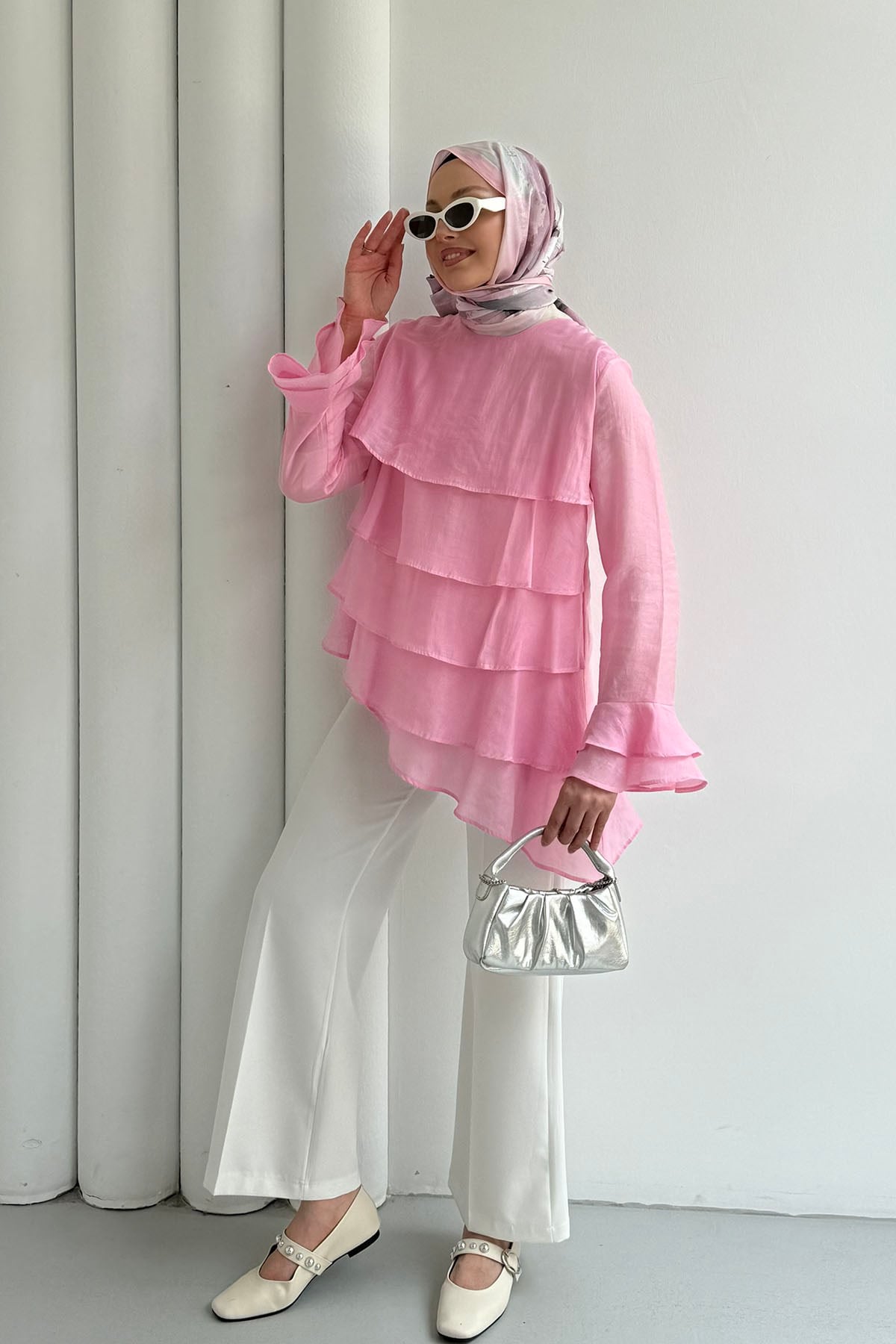 Katlı Volan Detaylı Bluz-PEMBE