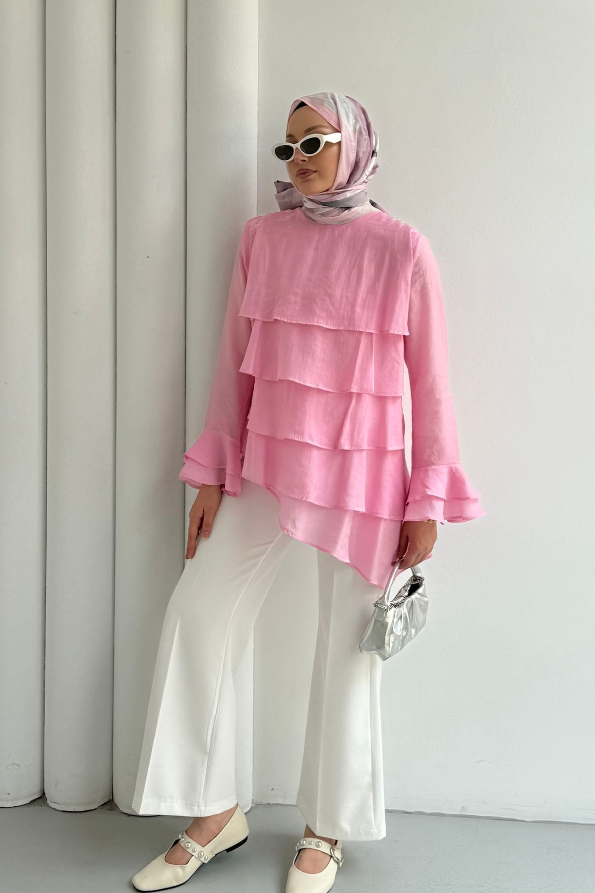 Katlı Volan Detaylı Bluz-PEMBE