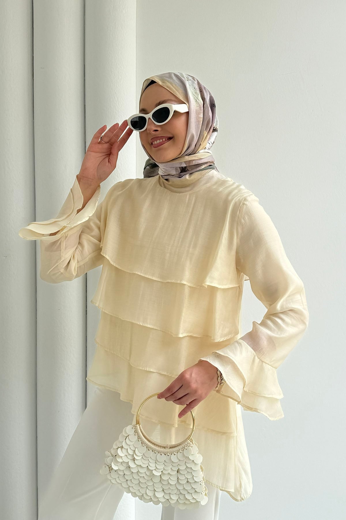 Katlı Volan Detaylı Bluz-SARI