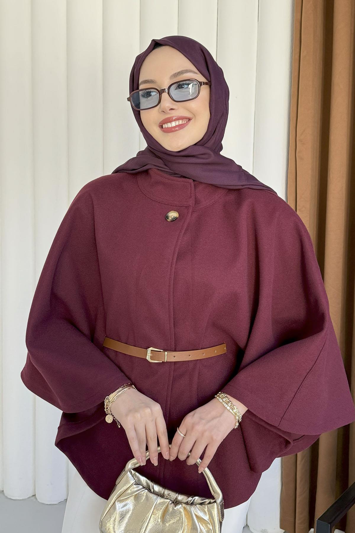 Kemer Detaylı Kaşmir Kumaş Panço-BORDO