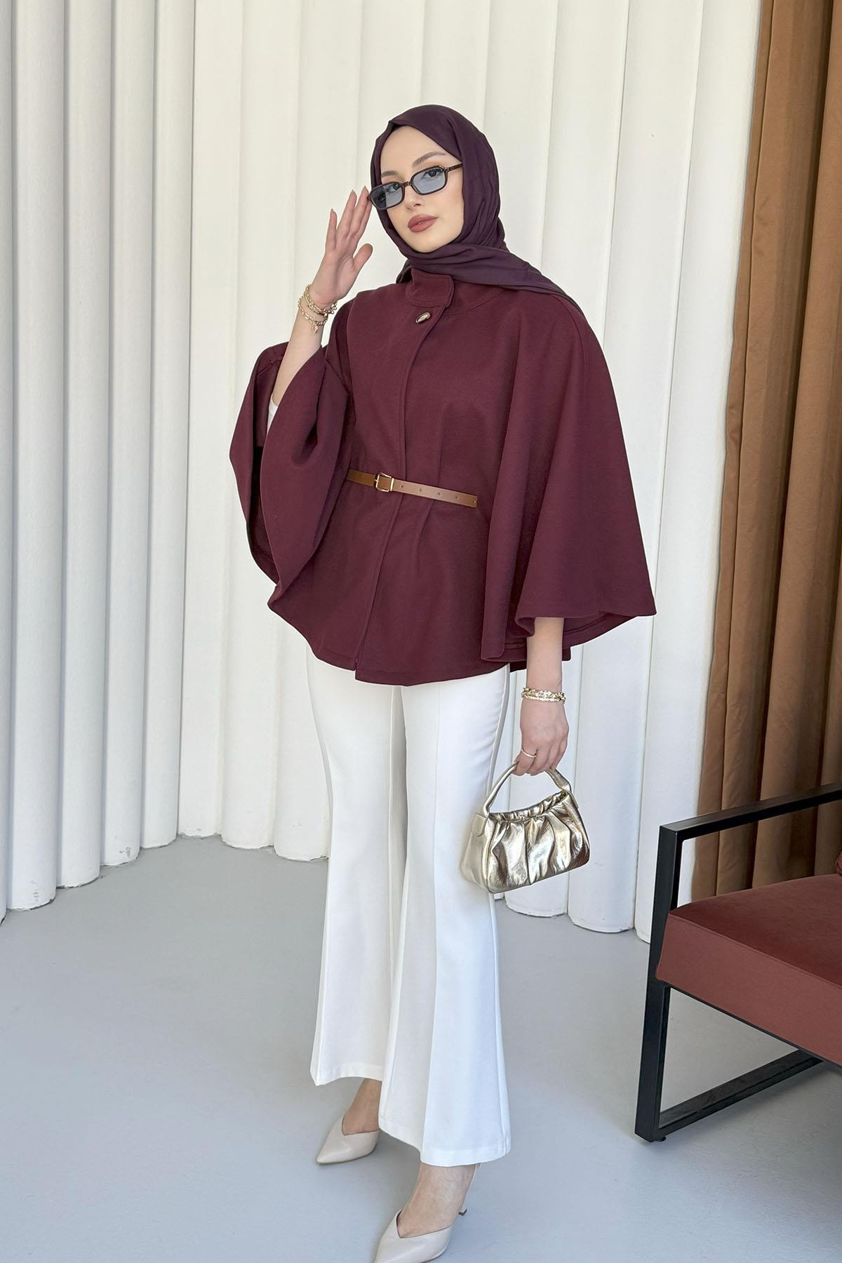 Kemer Detaylı Kaşmir Kumaş Panço-BORDO