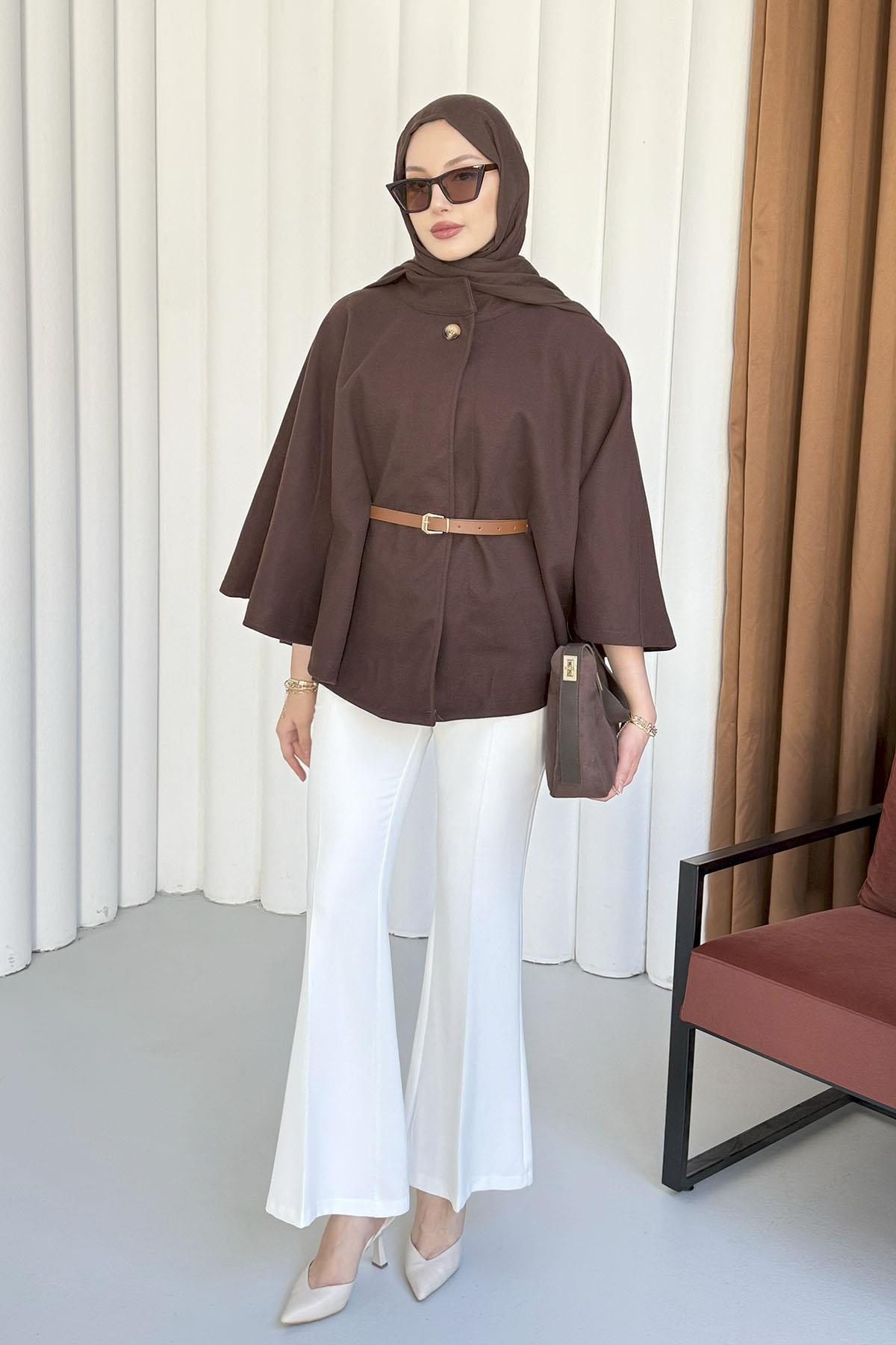 Kemer Detaylı Kaşmir Kumaş Panço-KAHVERENGİ