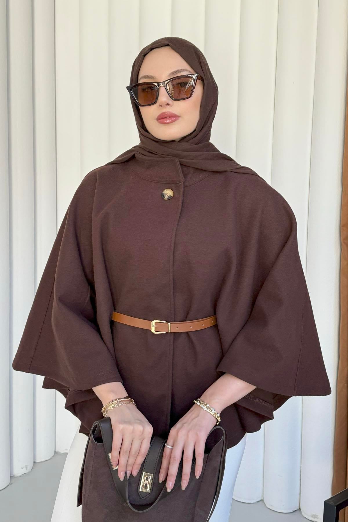 Kemer Detaylı Kaşmir Kumaş Panço-KAHVERENGİ