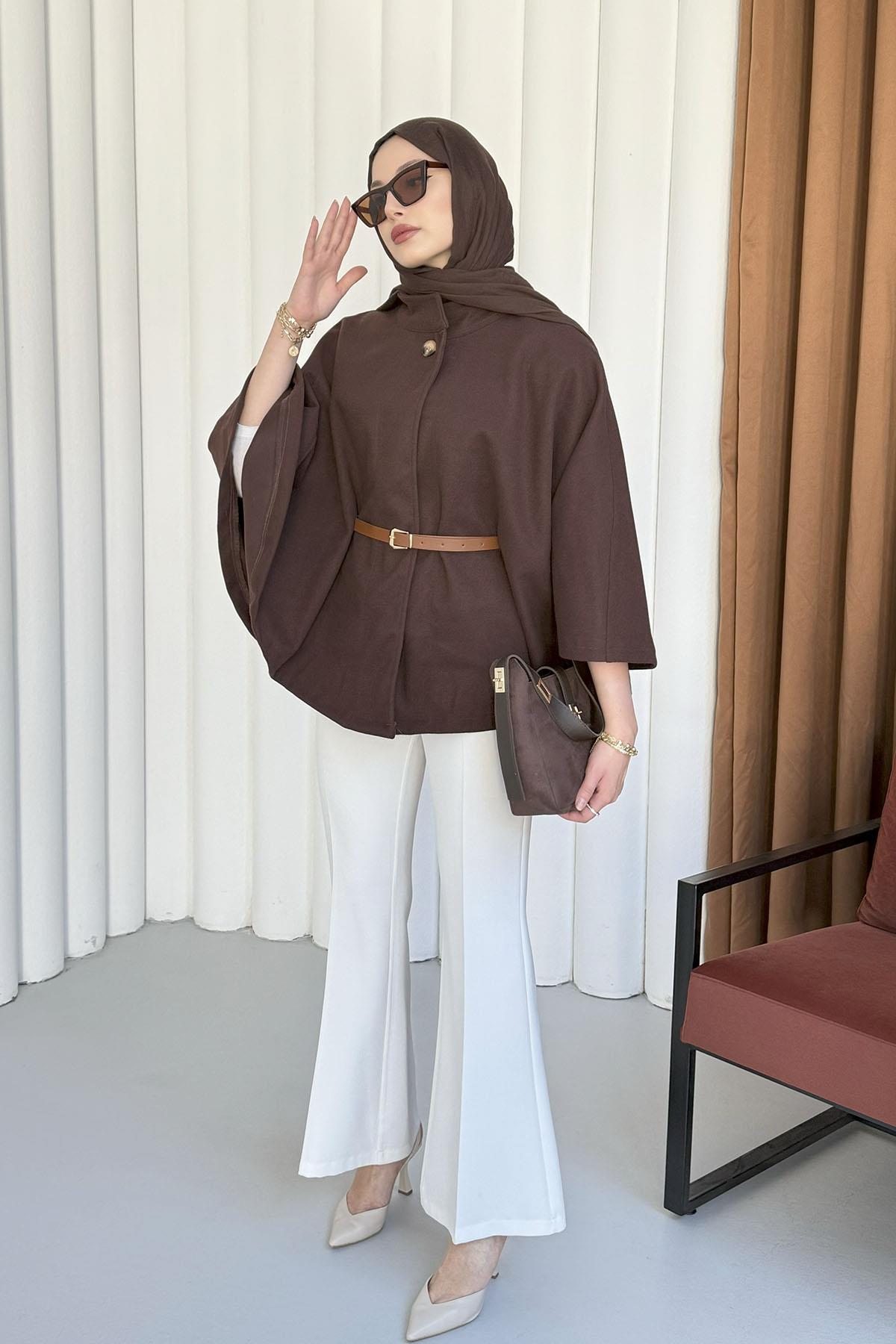 Kemer Detaylı Kaşmir Kumaş Panço-KAHVERENGİ